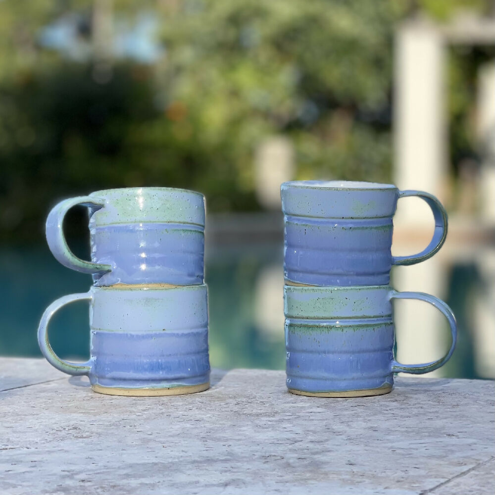 Australian Ceramic Pottery Artist Ana Ceramica Home Kitchen and Dining Cups and Glassware Two Tone Blue Mugs Set of 2 or 4 Wheel Thrown Pottery Australian Made