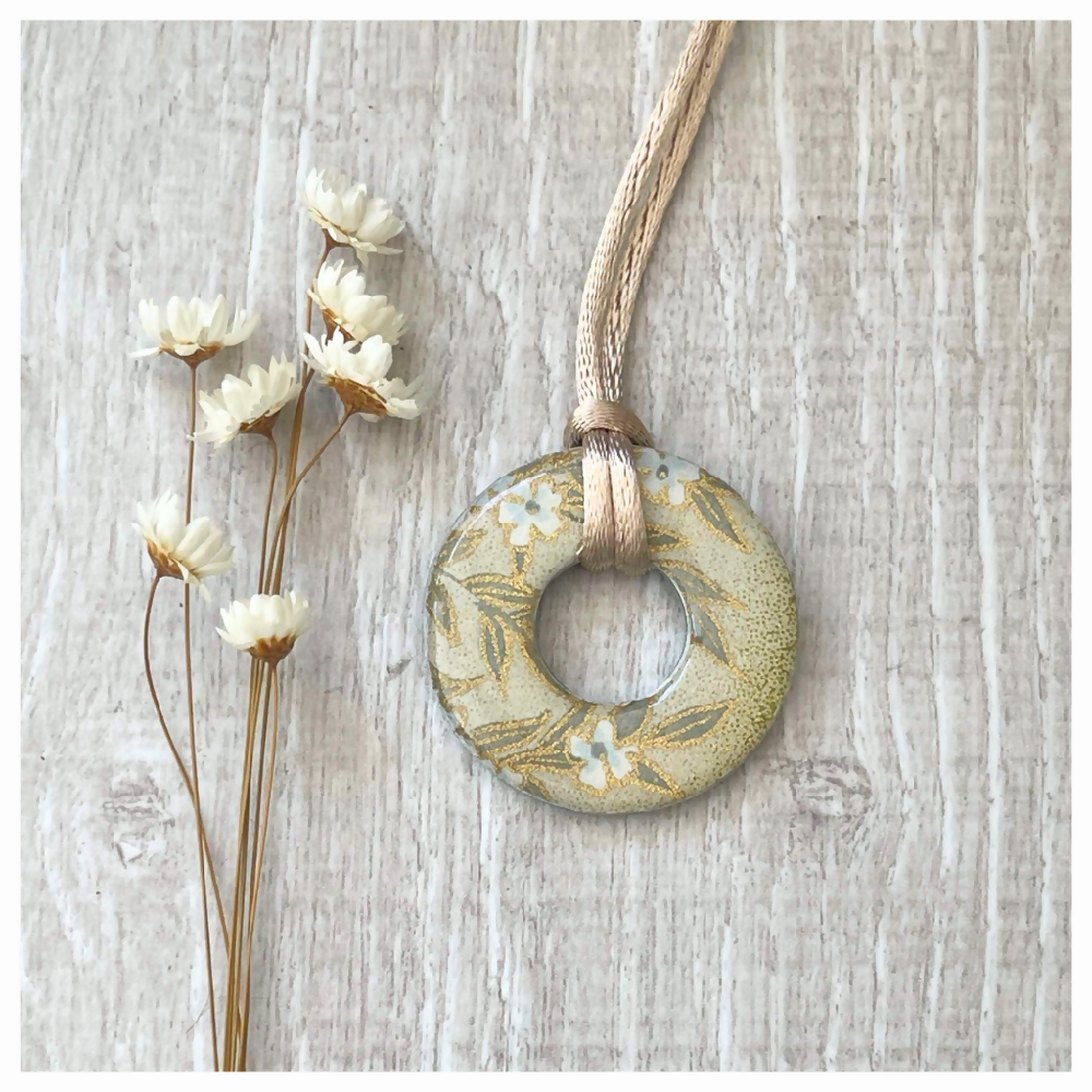 Cream and Gold Japanese Paper Necklace • Adjustable Cord