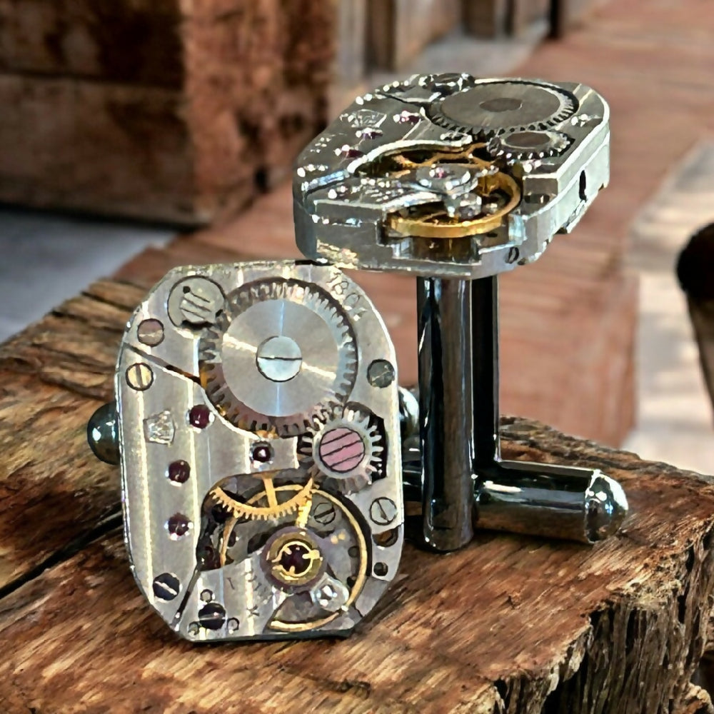 Steampunk watch movements cufflinks (black) posts)