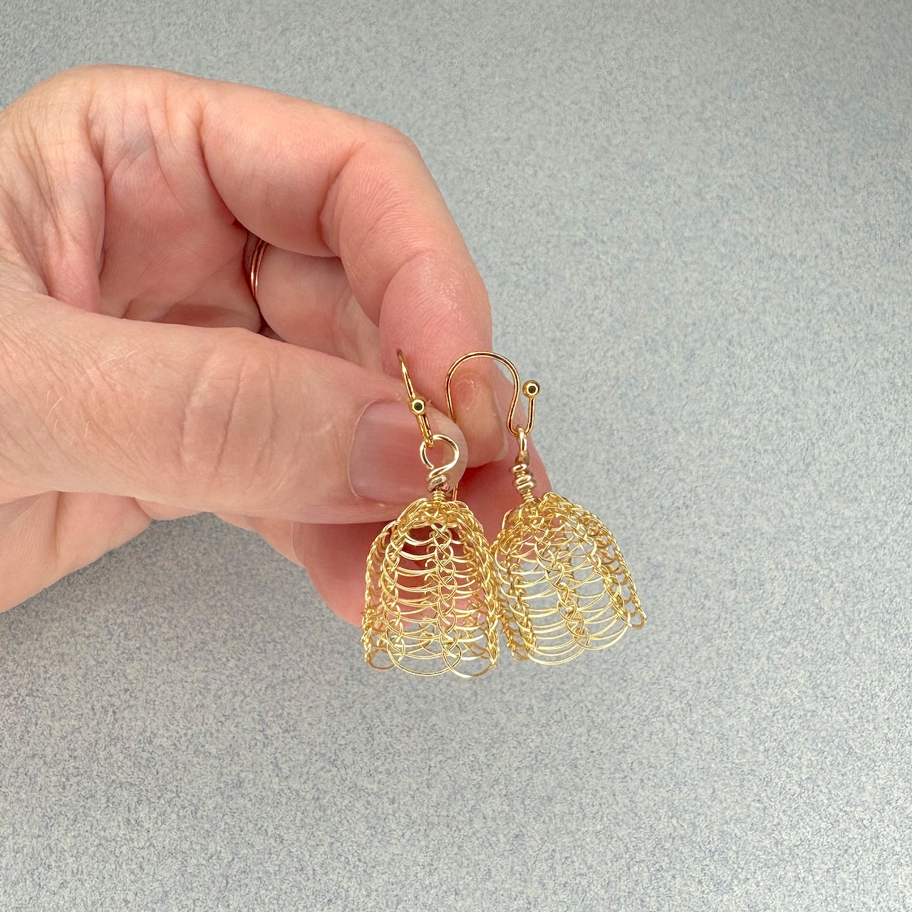 Knitted wire bell earrings