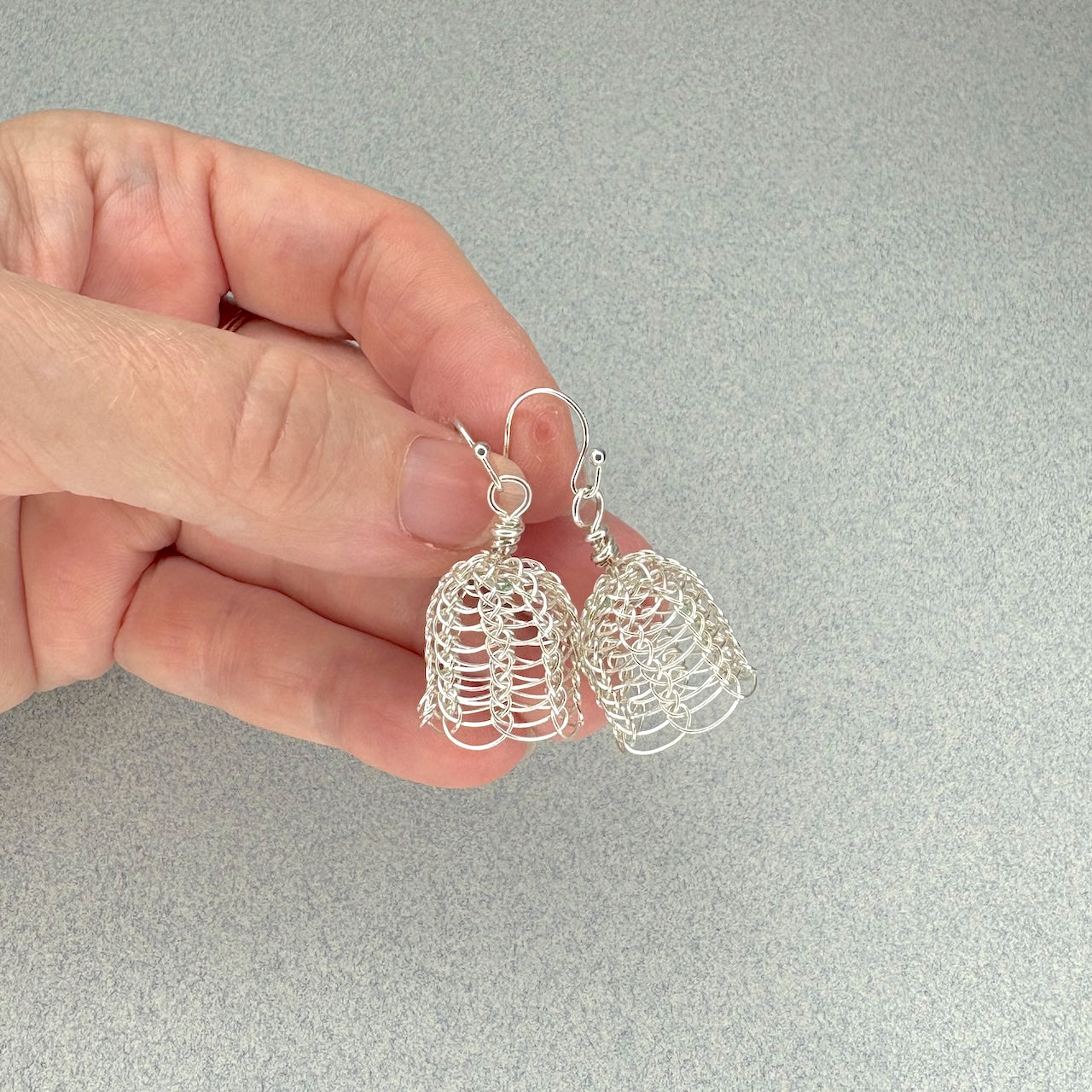 Knitted wire bell earrings