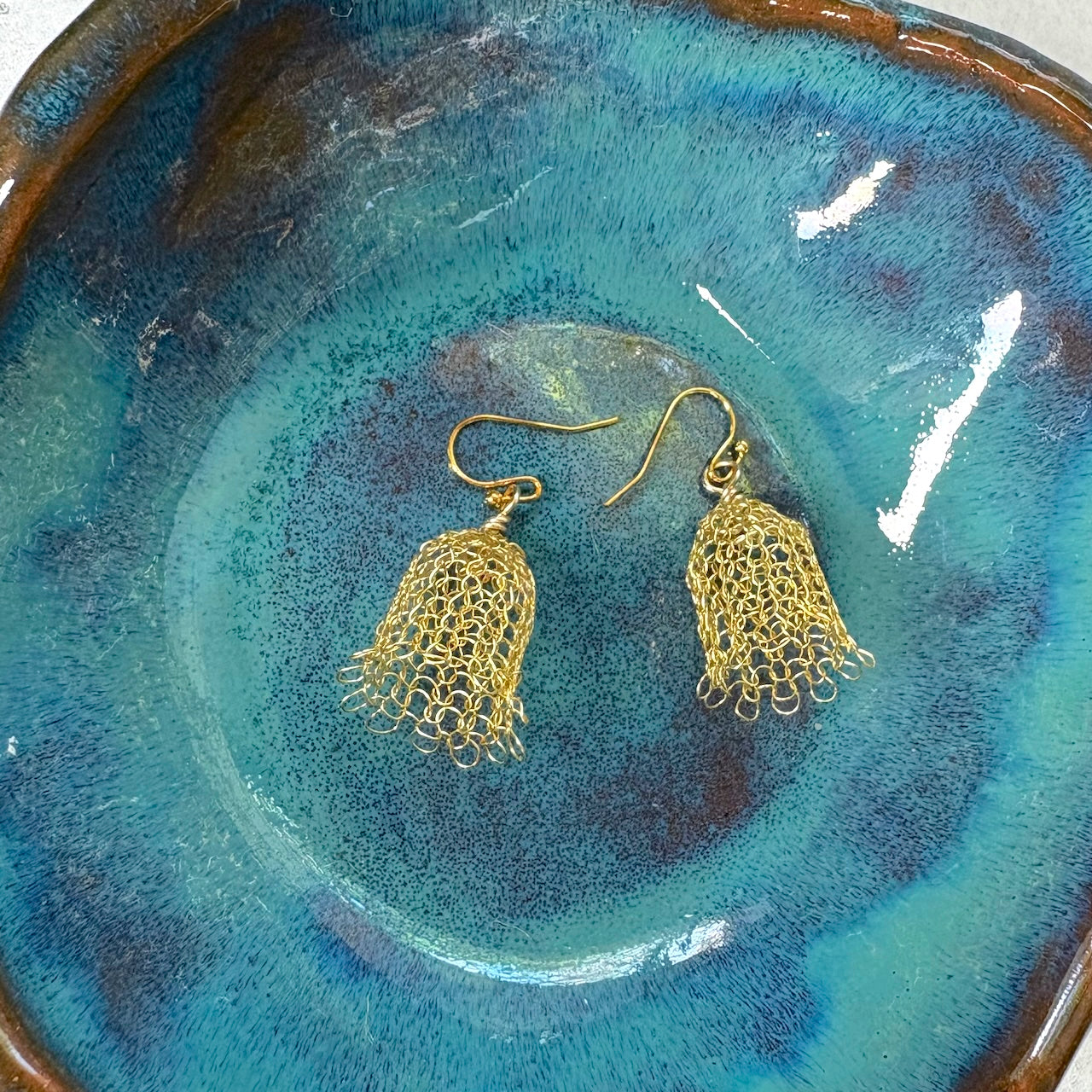 Knitted wire bell earrings