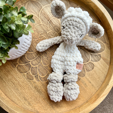 Handmade crochet Mini lamb sheep modern lovey with knotted legs.