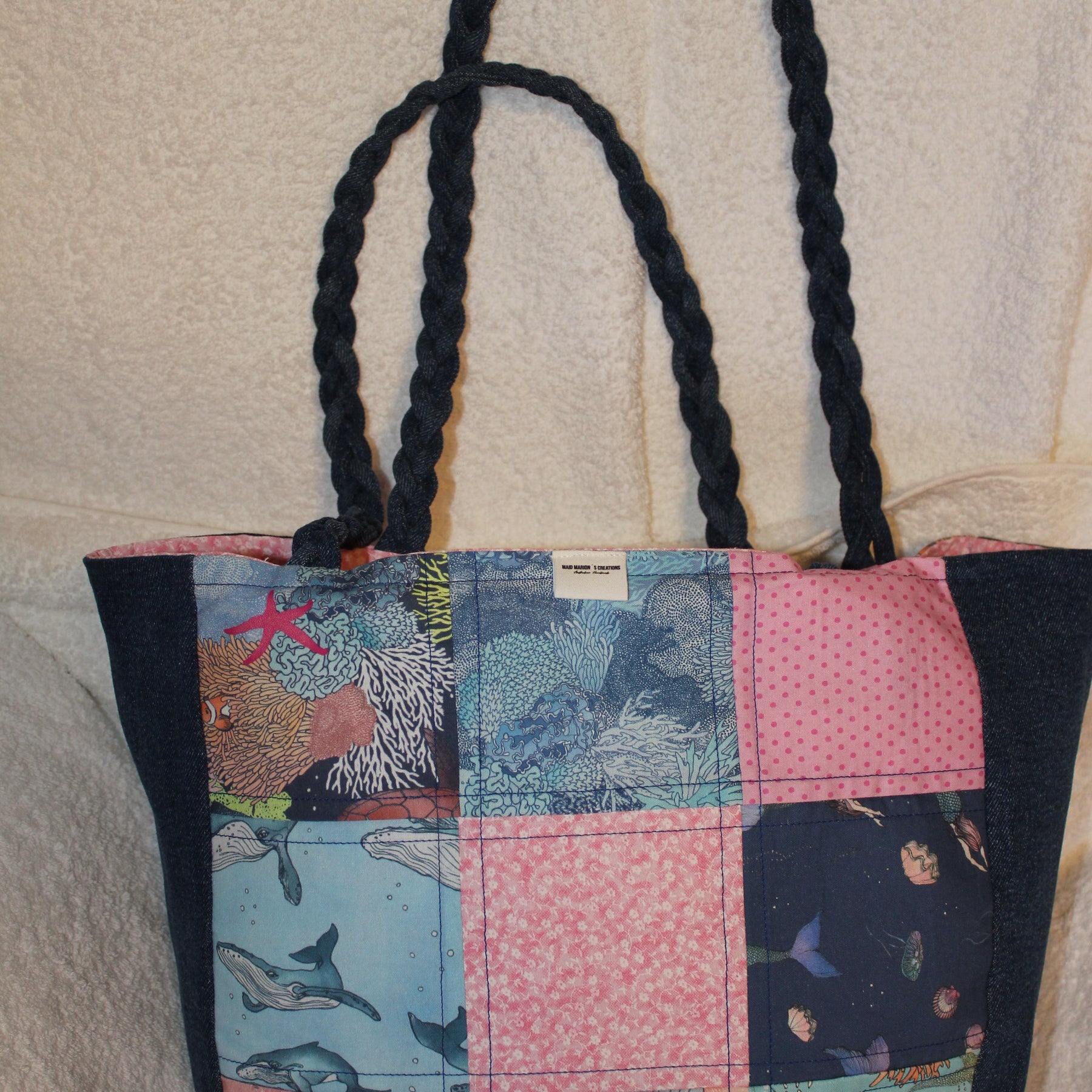 'UNDER THE SEA´ TOTE BAG - DARK BLUE DENIM - PLAITED HANDLES