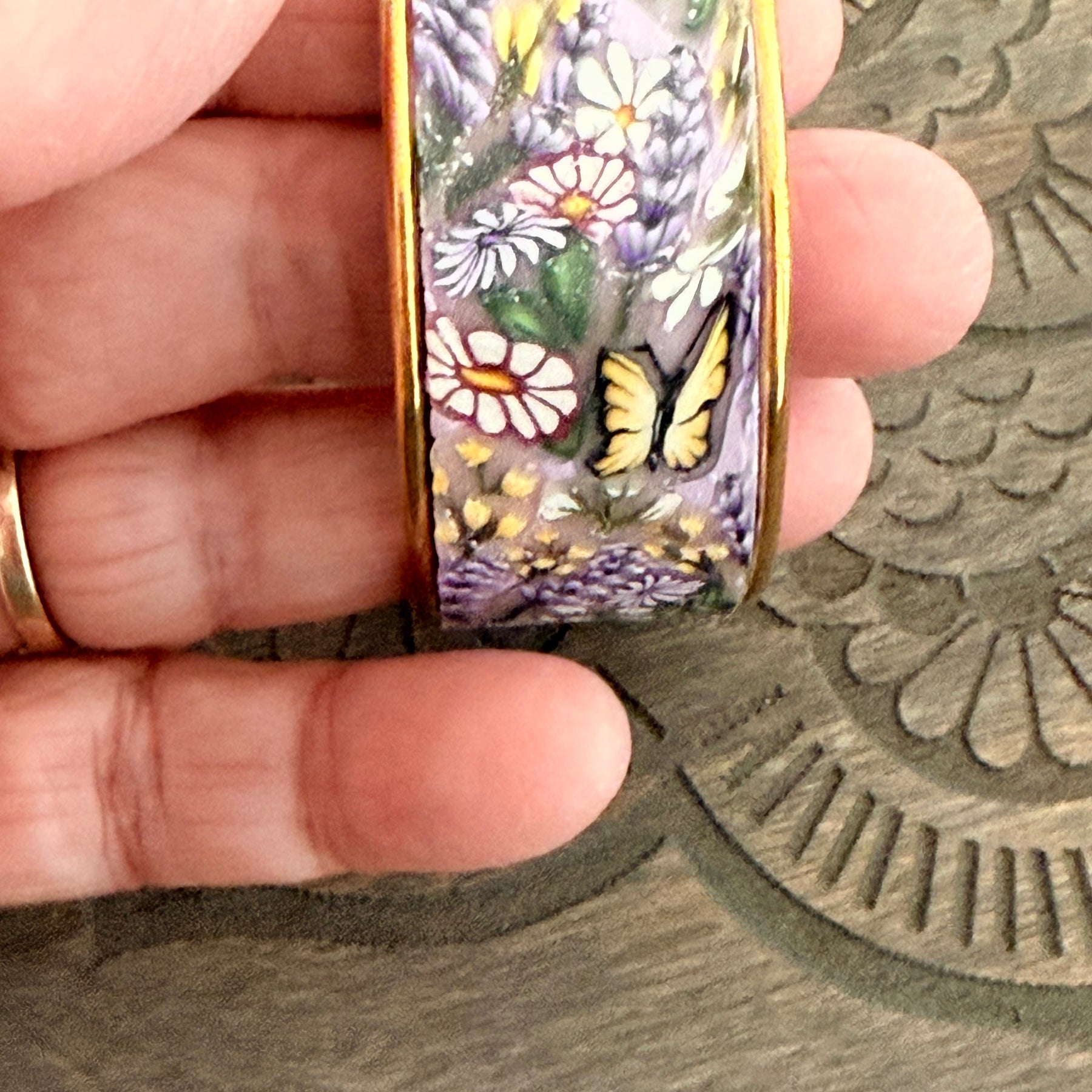 Springtime Flowers & Butterflies Polymer Clay On Gold Plated Bracelet