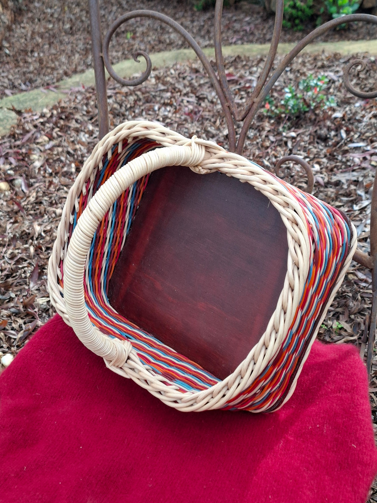 Large Rectangular basket brown, orange, blue and natural wicker.