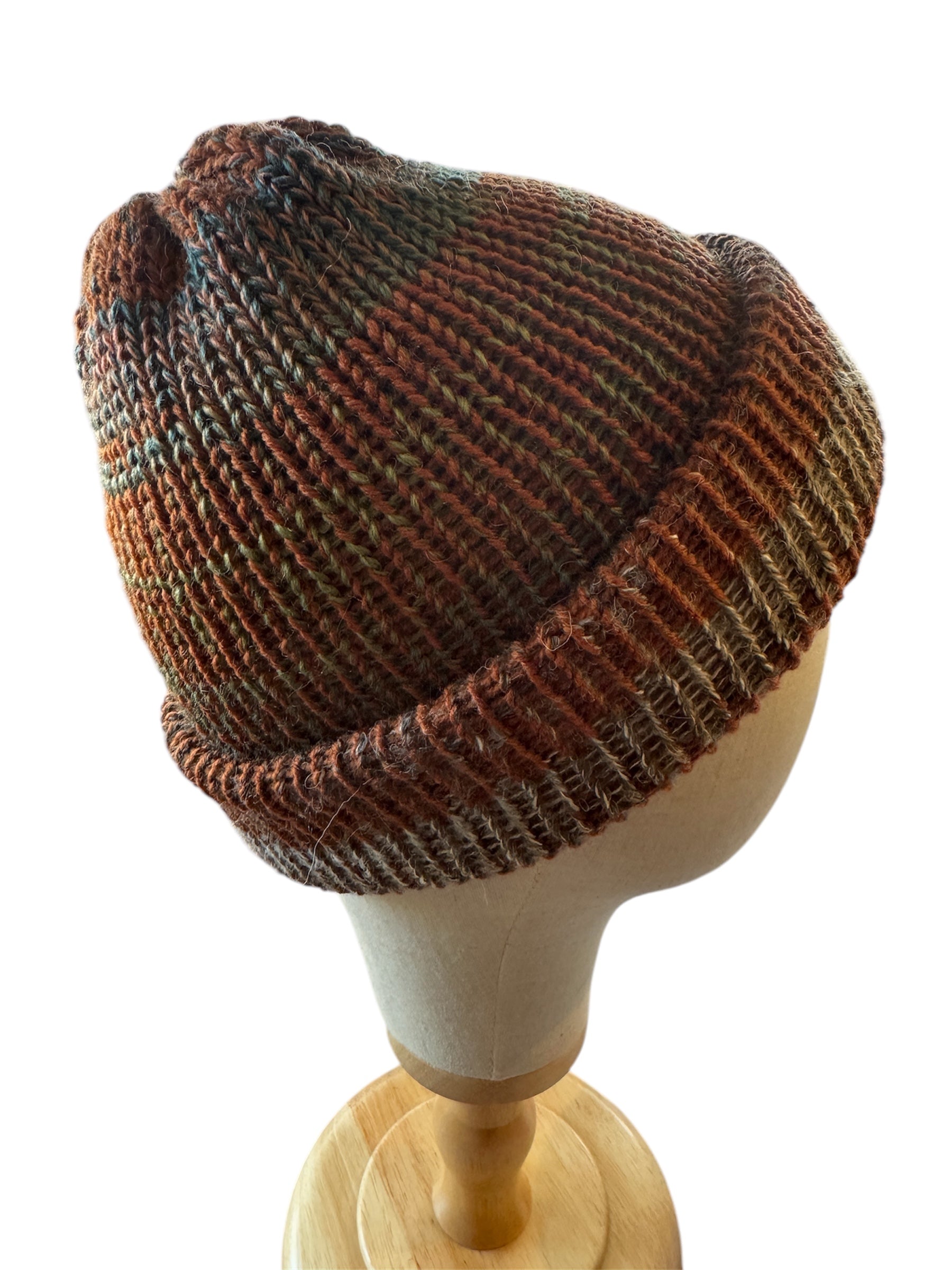 Hand Knit Reversible Beanie Blues Brown