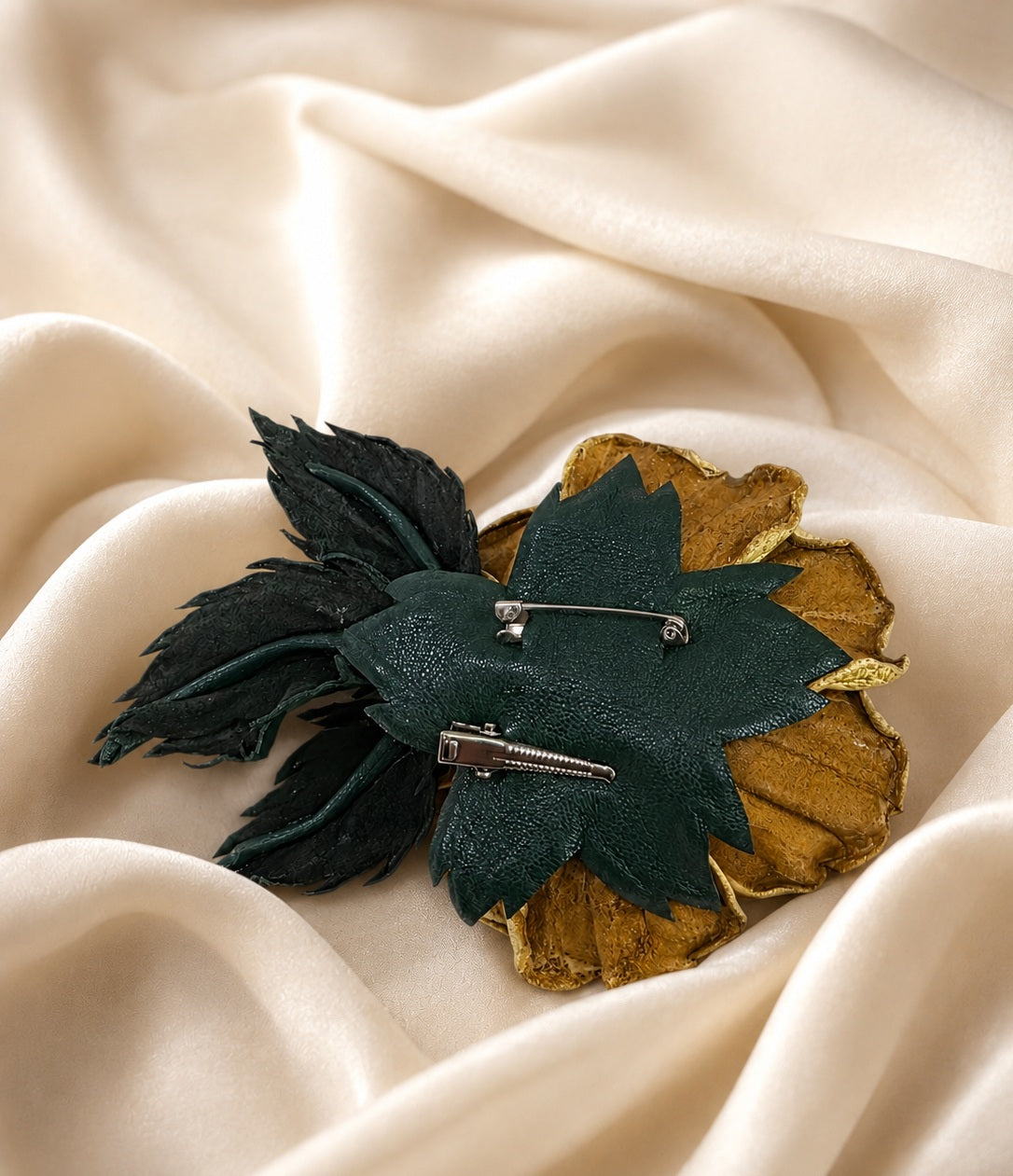 Leather Rose “Golden Olive”  Brooch Flower,  Hair/Hat  Clip