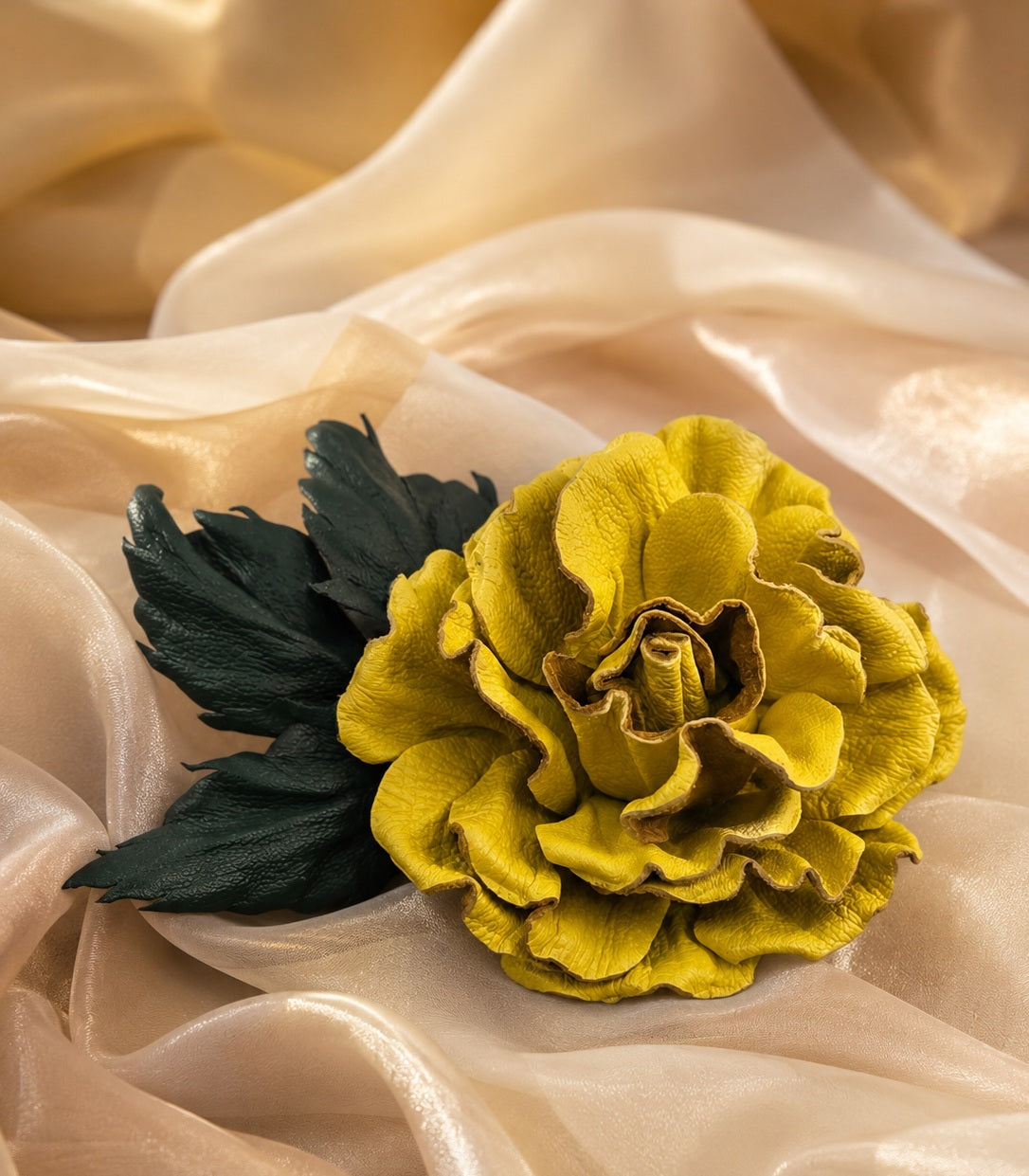 Leather Rose “Golden Olive”  Brooch Flower,  Hair/Hat  Clip