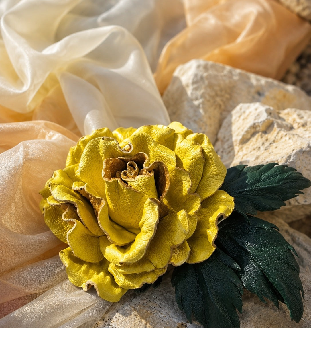 Leather Rose “Golden Olive”  Brooch Flower,  Hair/Hat  Clip