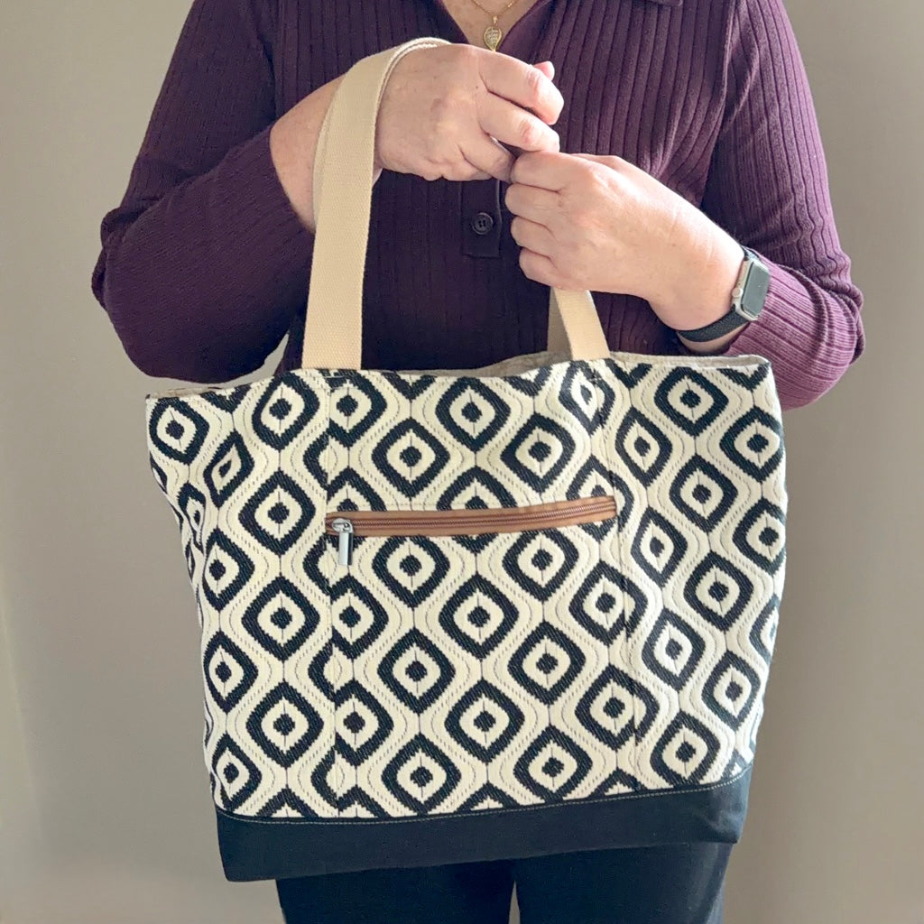 Handmade Black and White Tote Bag | Large Work Tote with Zip Pocket | Australian Made