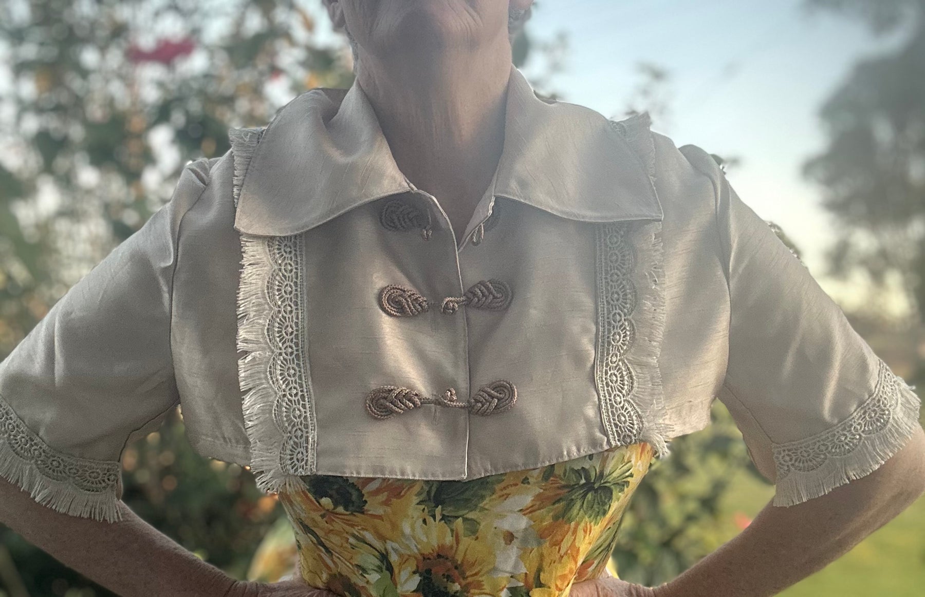 Upcycled Brown Taffeta Regency Bolero Lace Trim