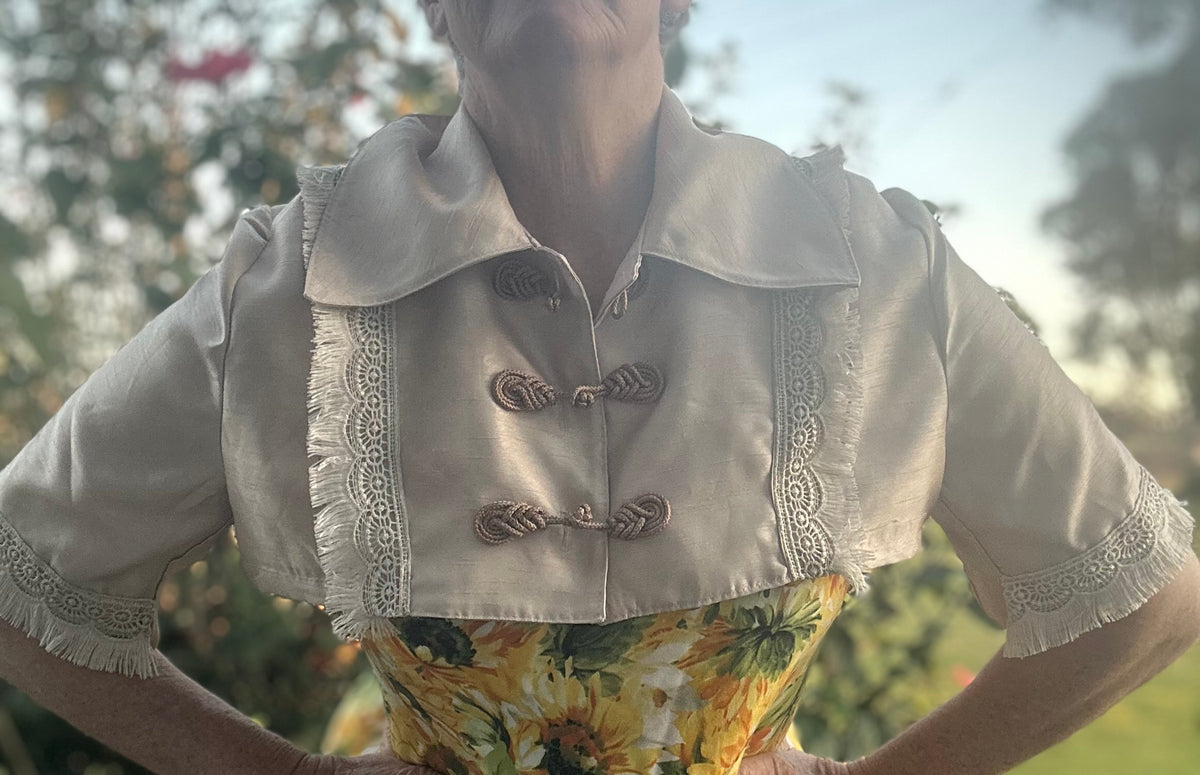 Upcycled Brown Taffeta Regency Bolero Lace Trim
