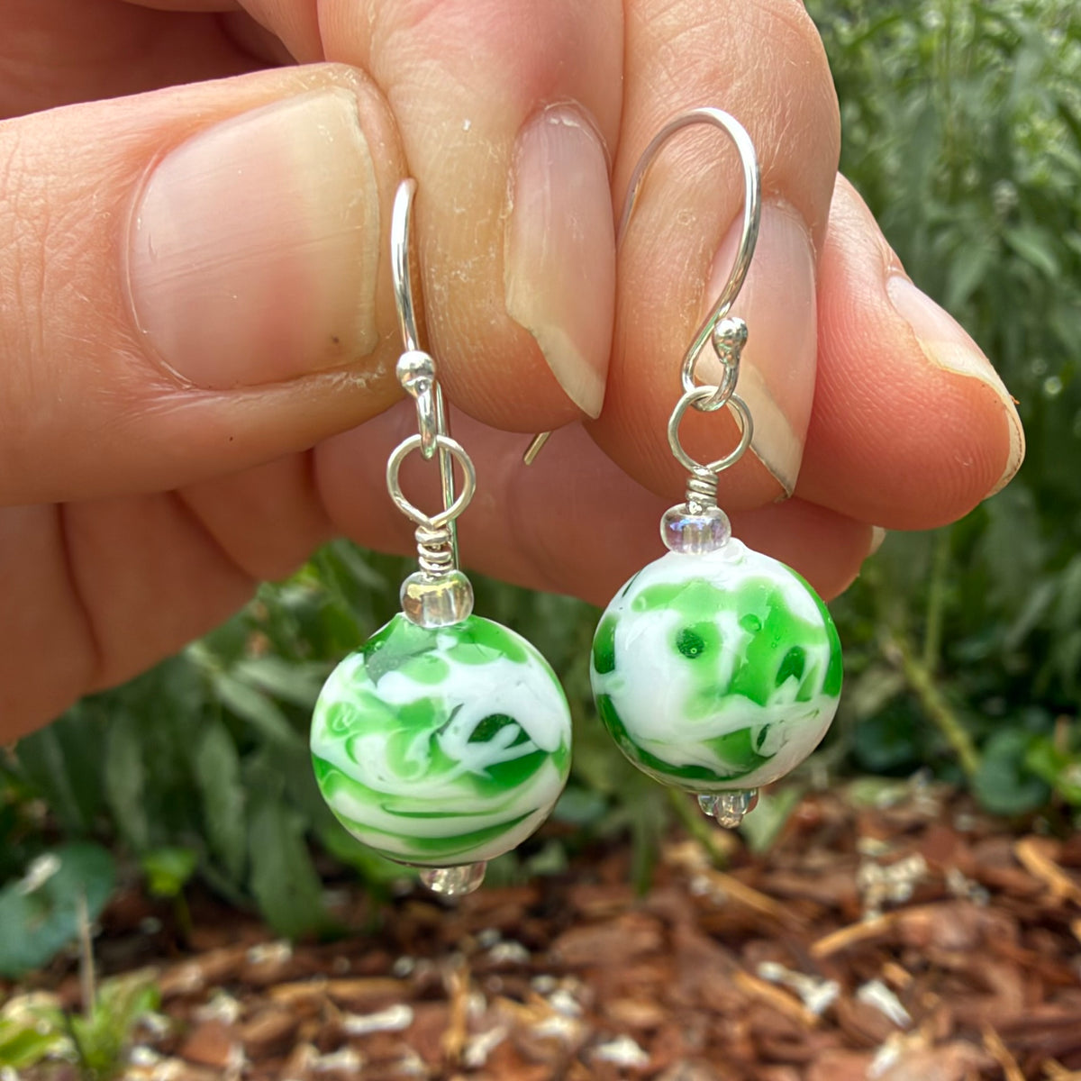 Green and White Lampwork Bead Earrings Sterling Silver