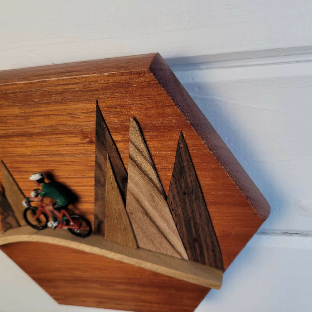 Wooden frame less 3d plaque of cyclist in the mountains