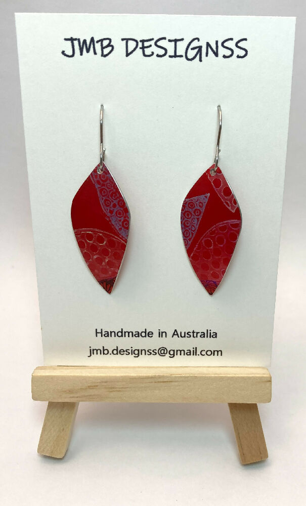 Printed and dyed red anodised aluminium earrings