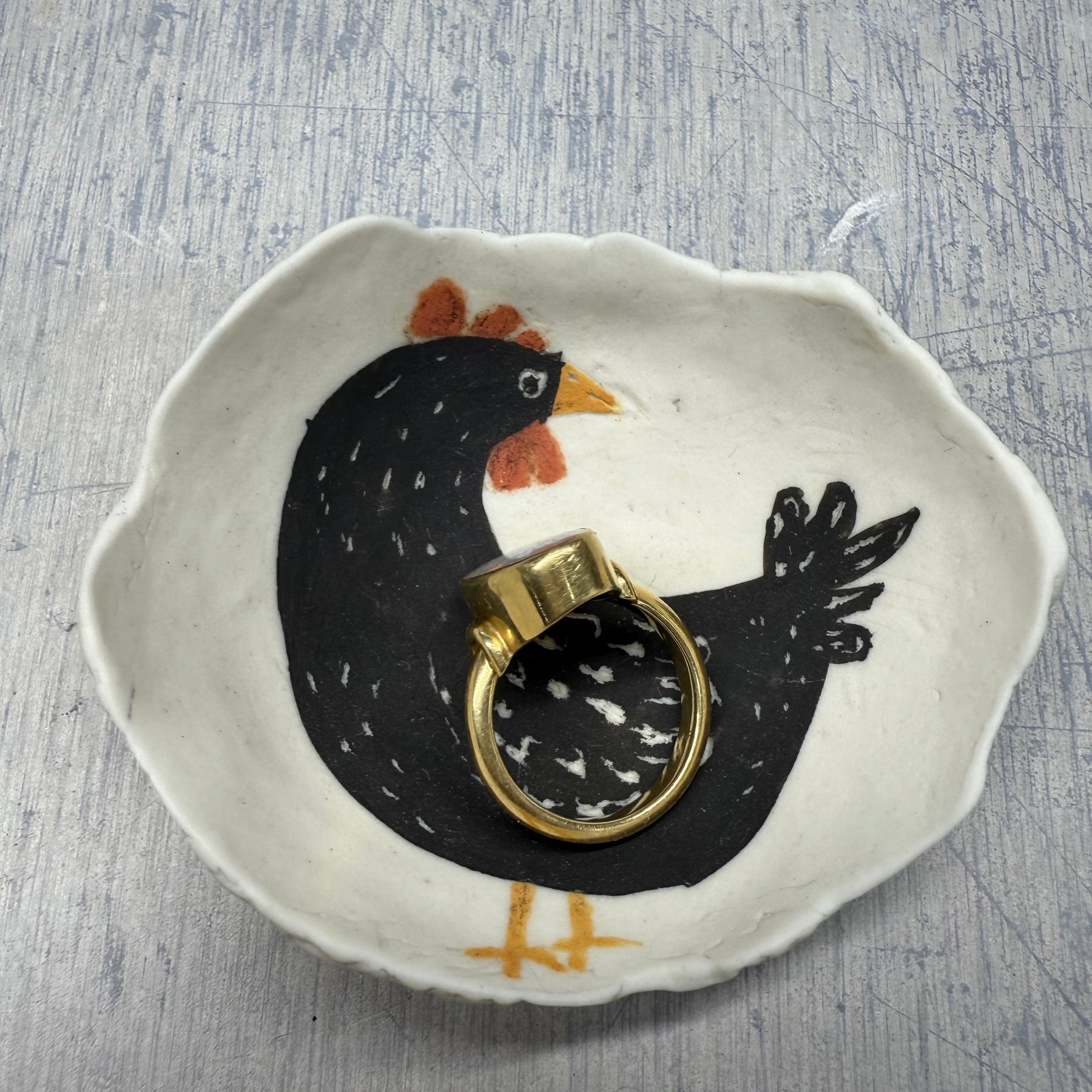 Whimiscal chicken hand-painted porcelain ring dish