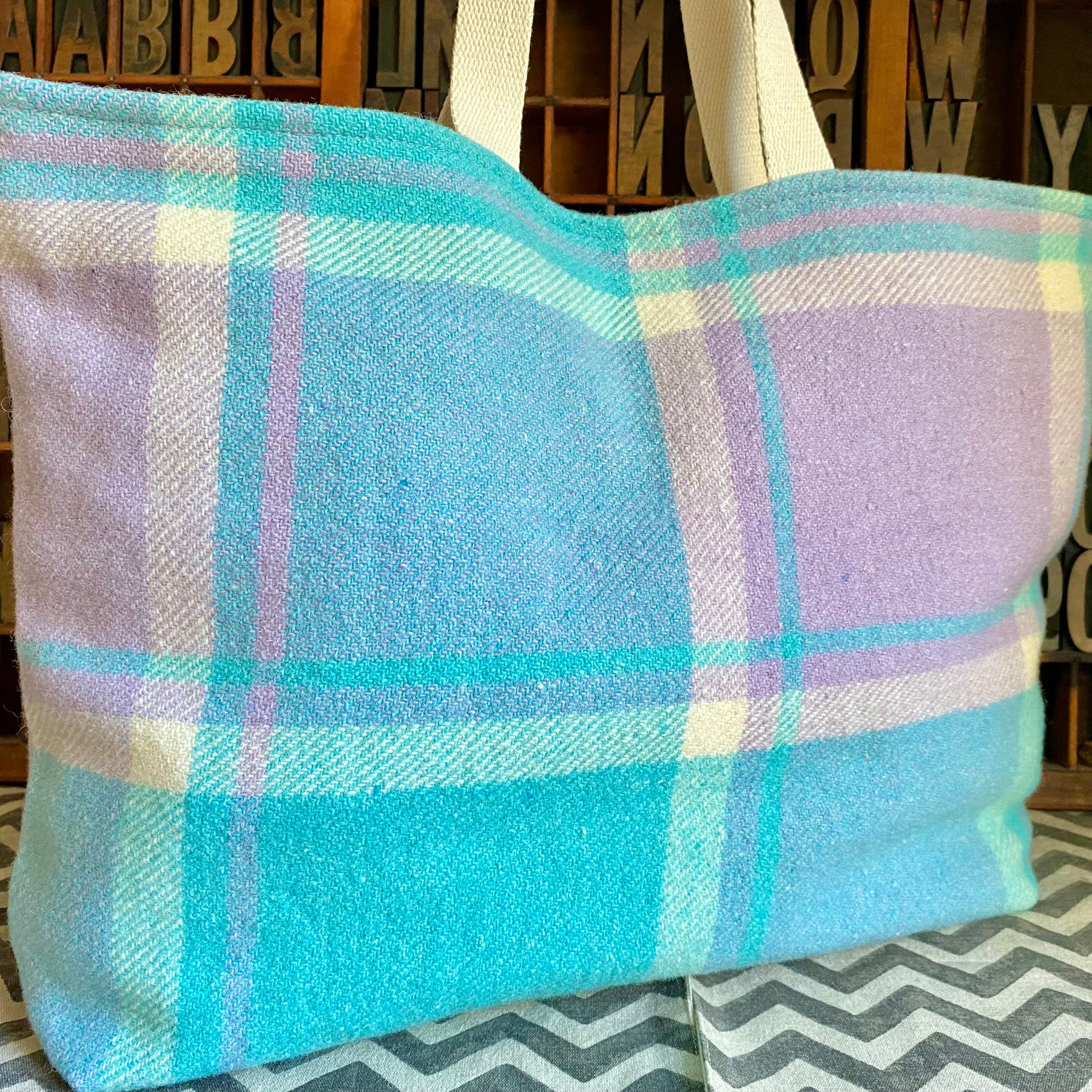 Upcycled Woollen Blanket - Market Tote - Mauve/blue
