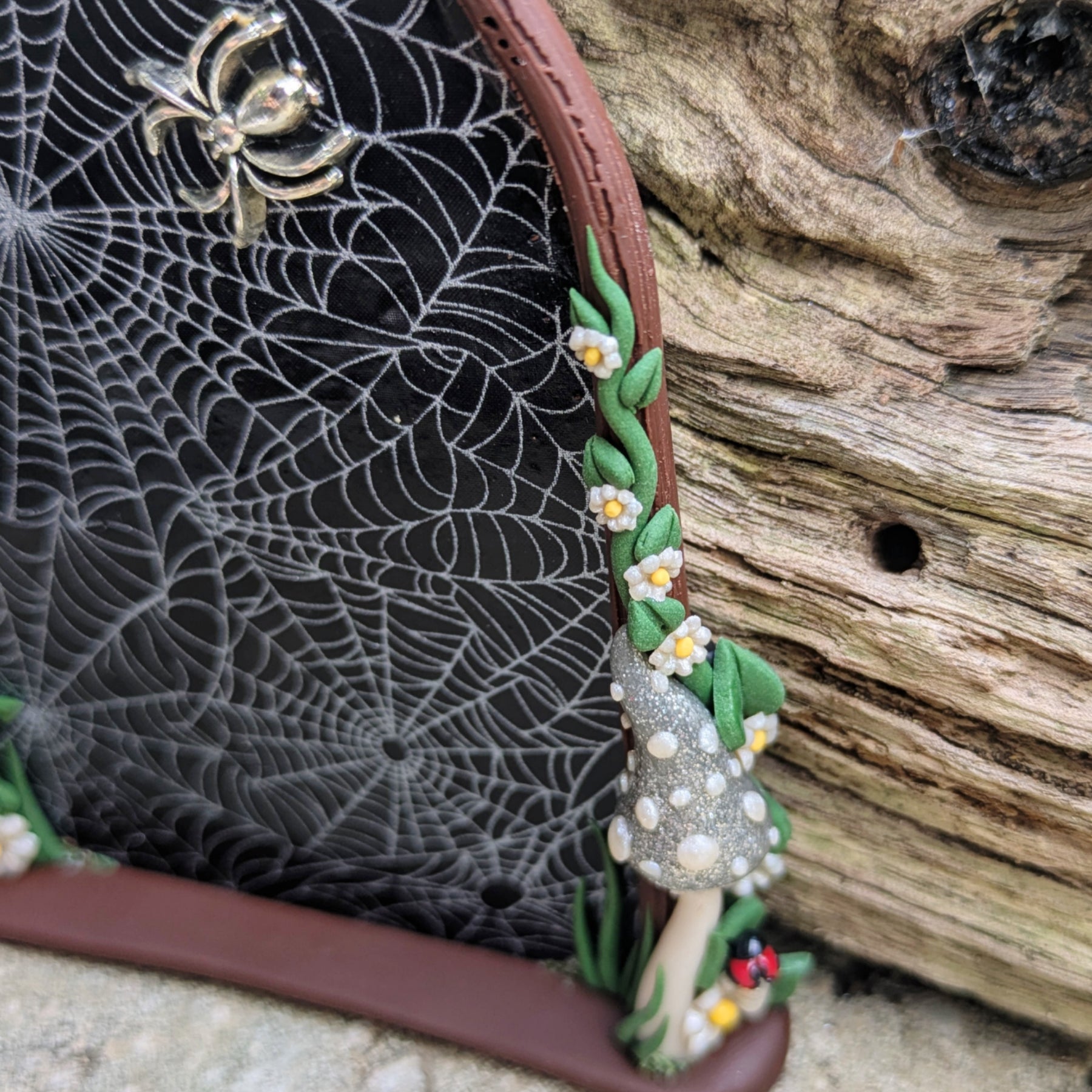Spiderweb Forest Fairy door with glow in the dark mushrooms