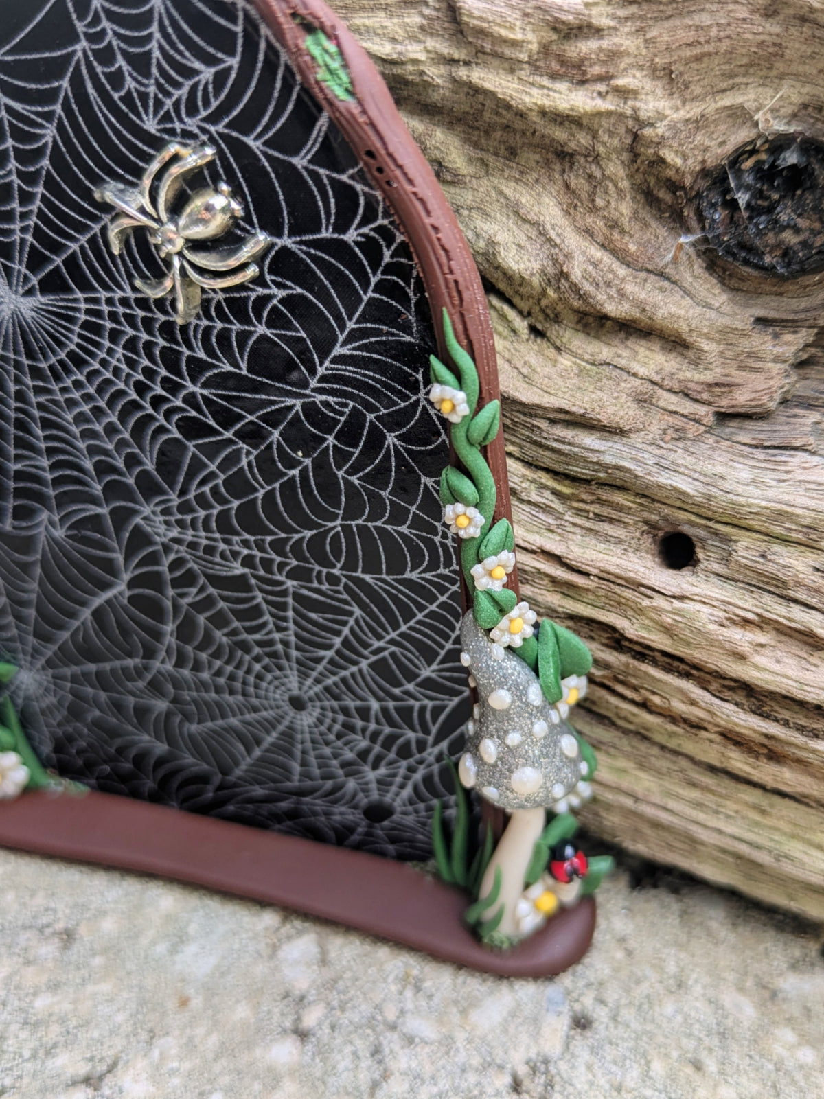 Spiderweb Forest Fairy door with glow in the dark mushrooms