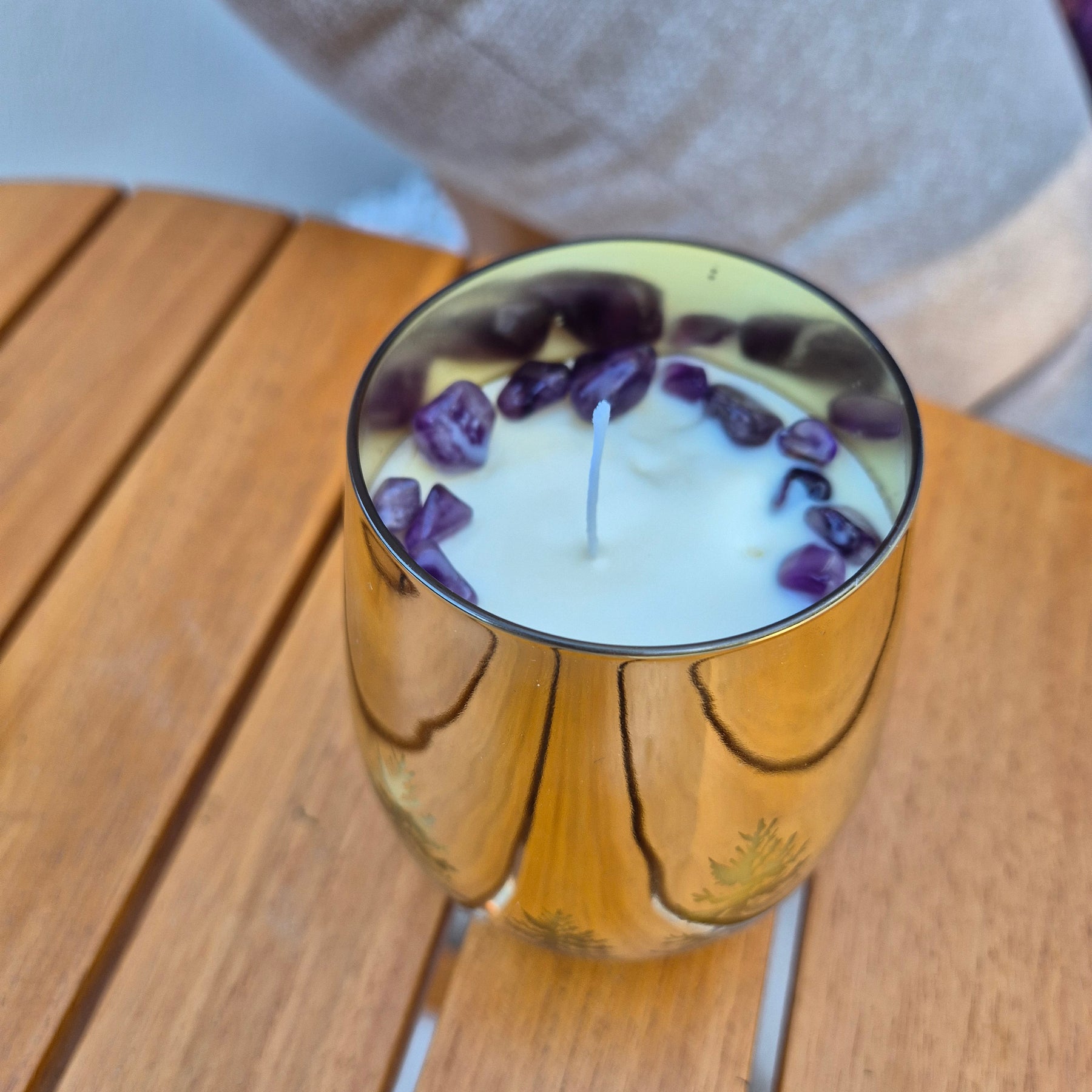 Gold christmas tree glass jar candle with amethyst and lavender