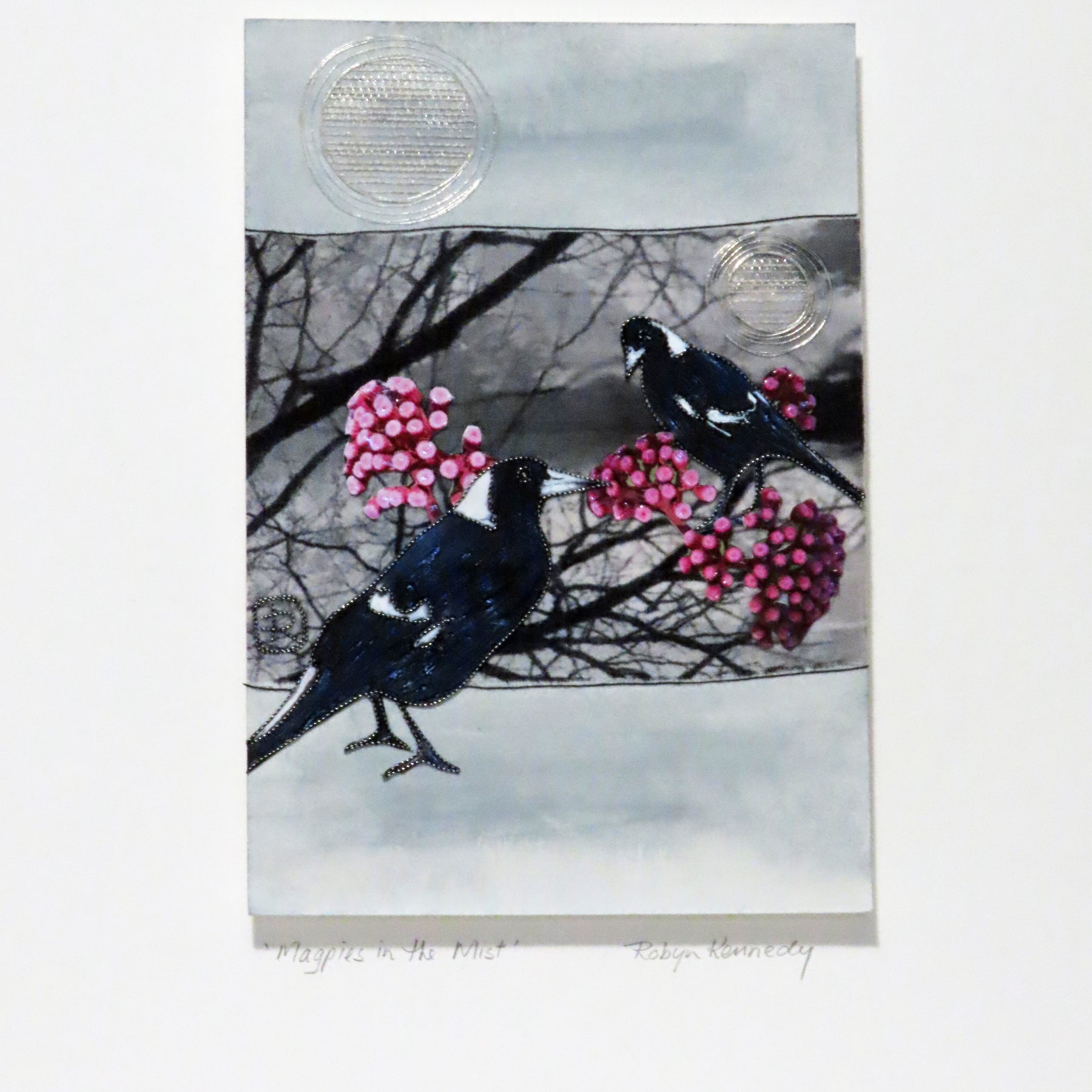 Unframed Collage Art - Magpies & Pink Flowers