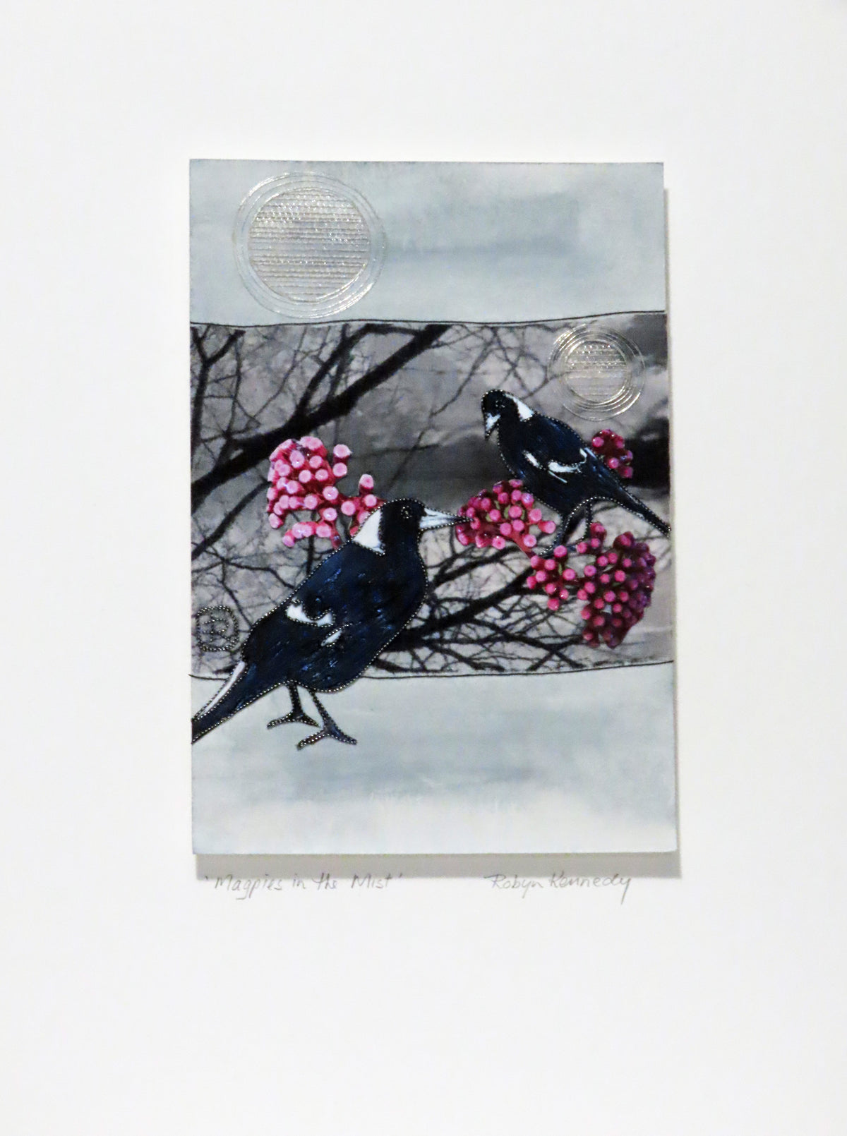 Unframed Collage Art - Magpies & Pink Flowers
