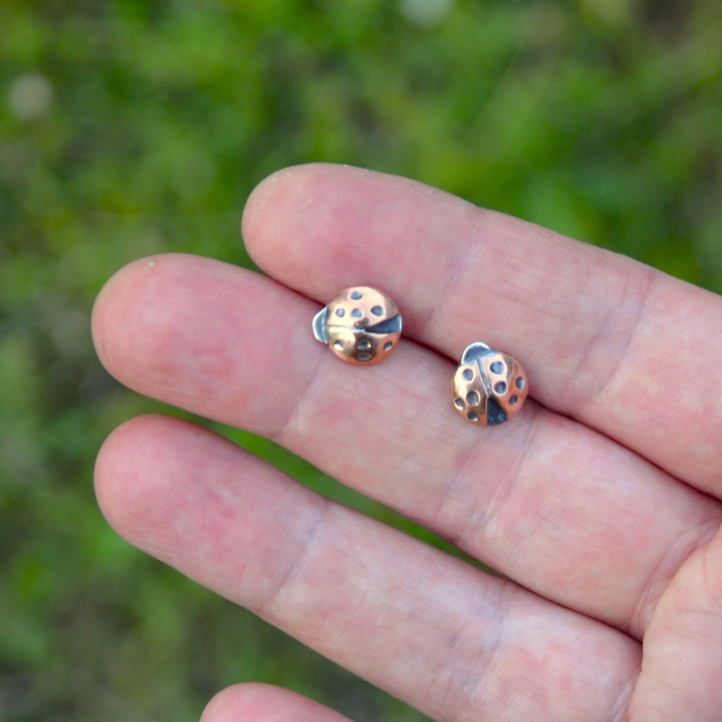 Copper and Silver Ladybird Stud Earrings