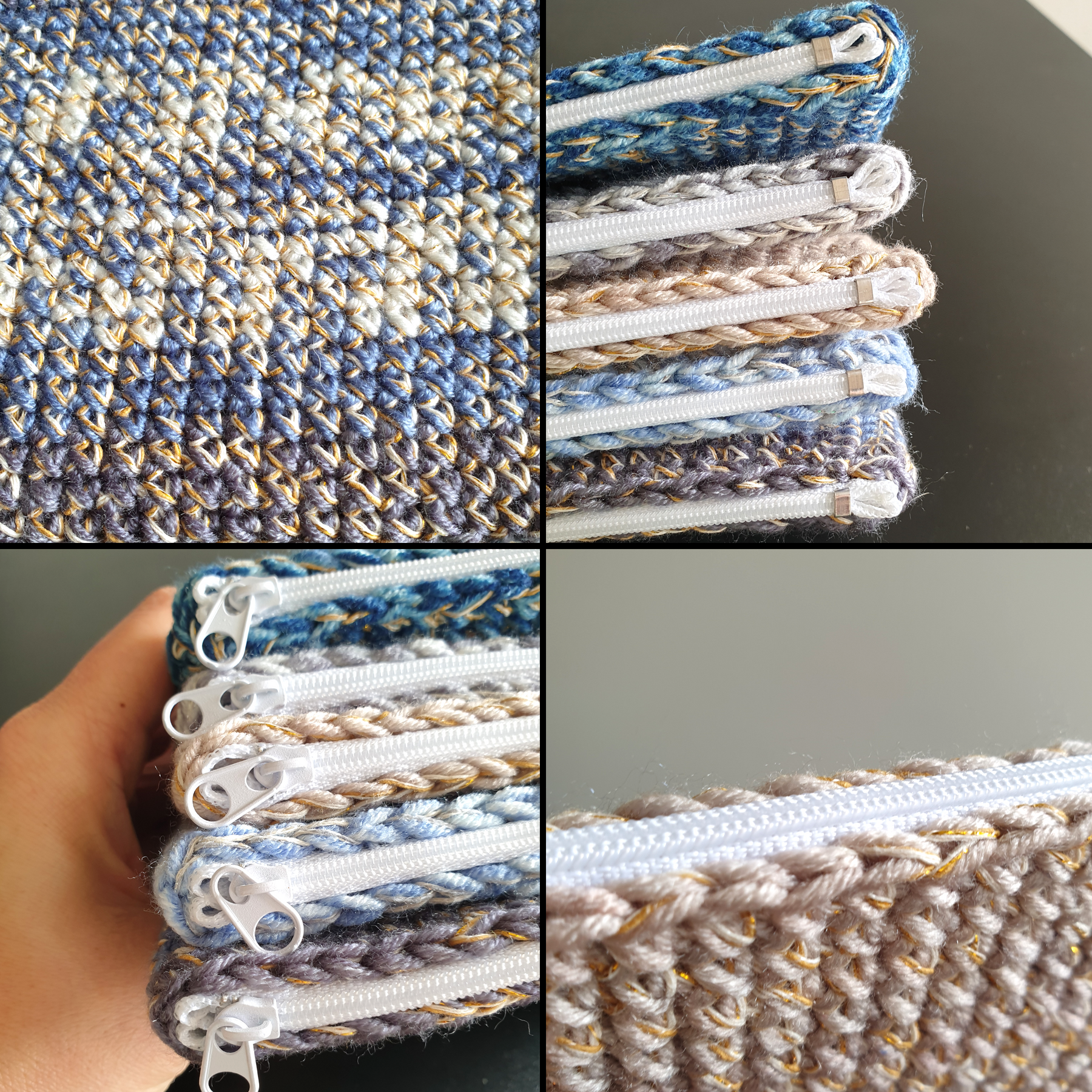 Handmade Zippered Crochet Travel Purse : Blue Gray Brown & Gold Silver mix