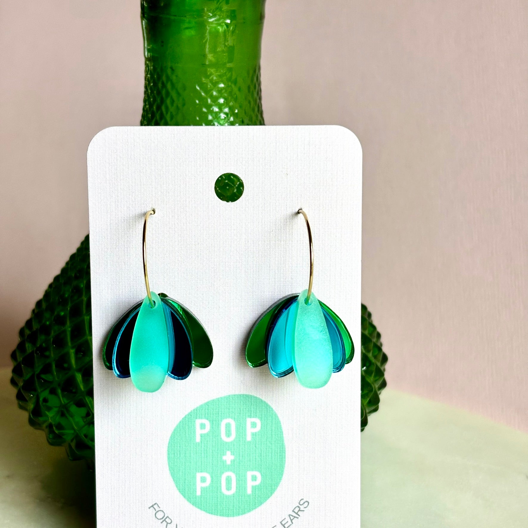 Earrings - Fids flower green and blue mirror with jade