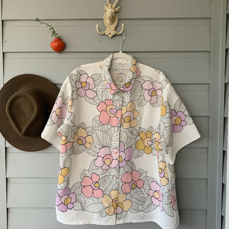 Pastel floral vintage tablecloth shirt/upcycled tablecloth/unisex shirt/Size L