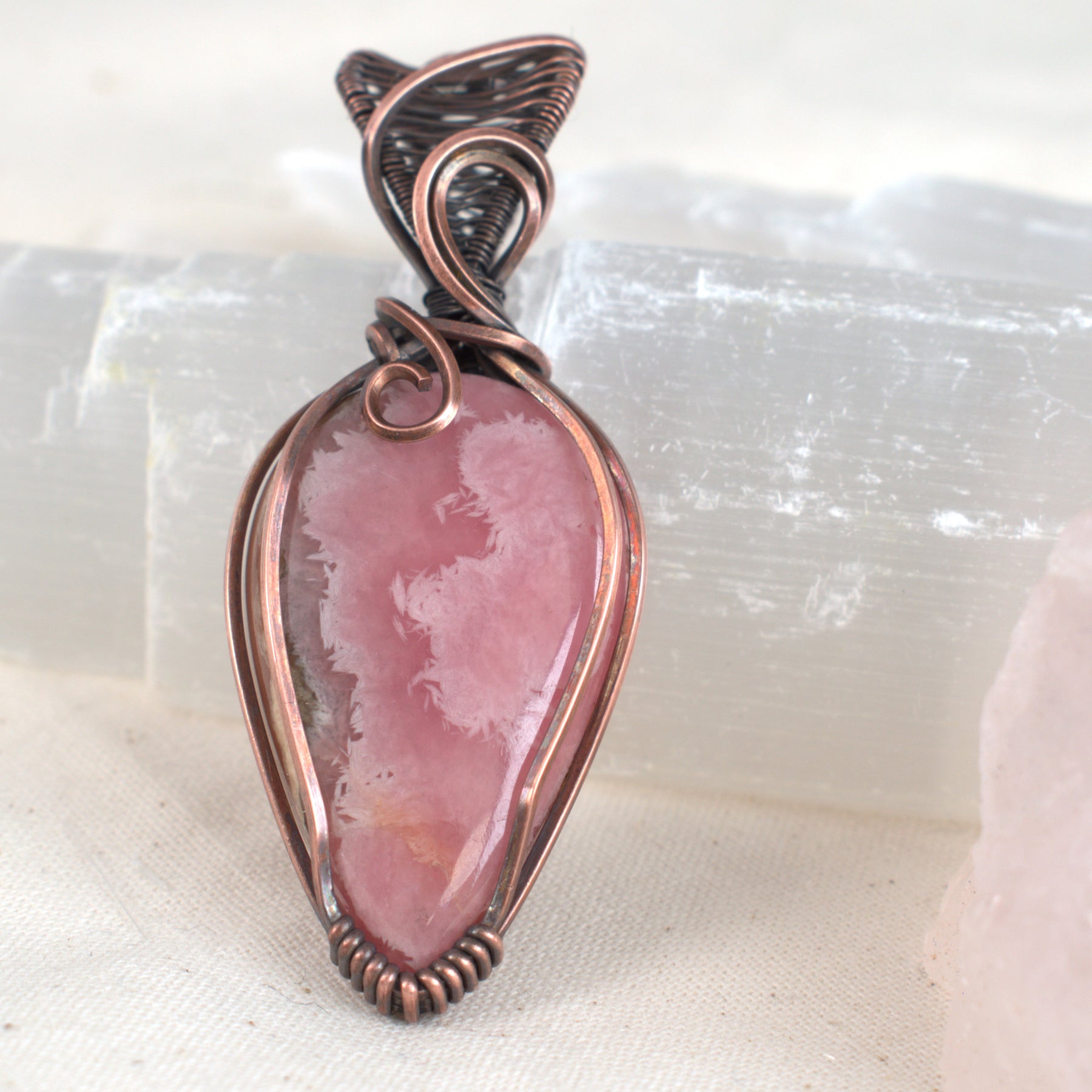 Peony Blush - Rhodochrosite Copper Wrapped Pendant