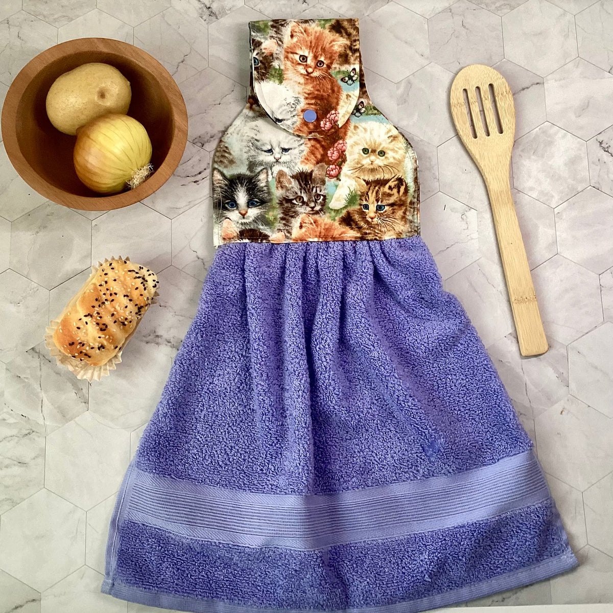 Kittens (periwinkle) hanging hand towel.