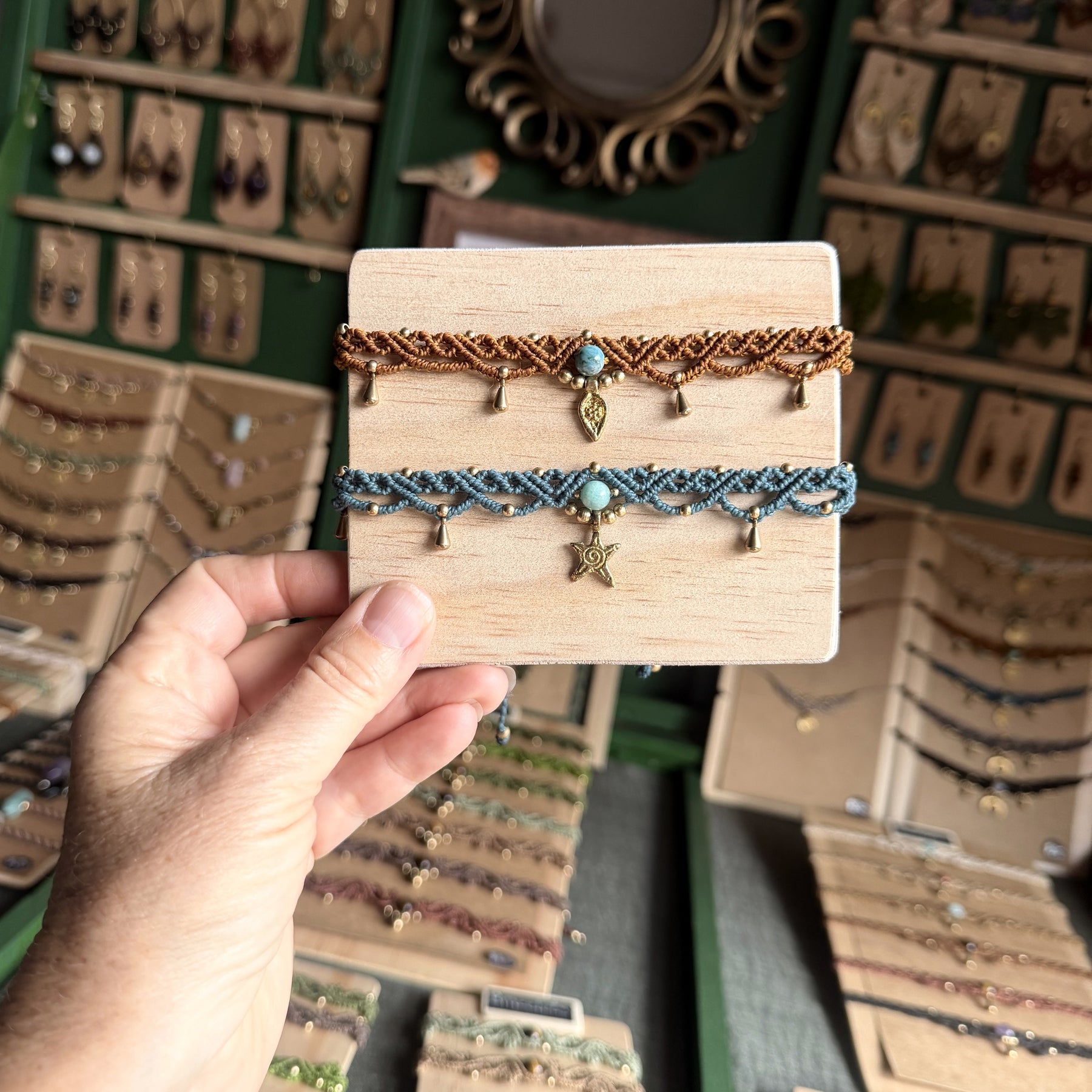 Micro Macrame Boho Anklet with gemstone bead and brass charms