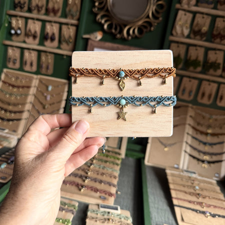 Micro Macrame Boho Anklet with gemstone bead and brass charms