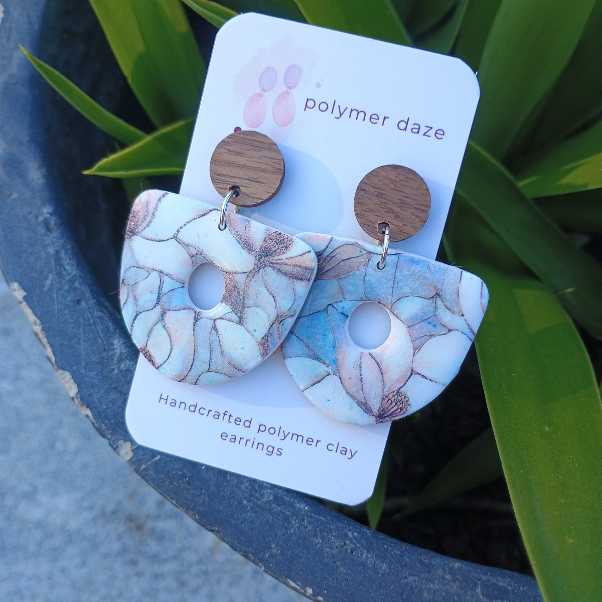 Marble floral earrings with natural wood stud