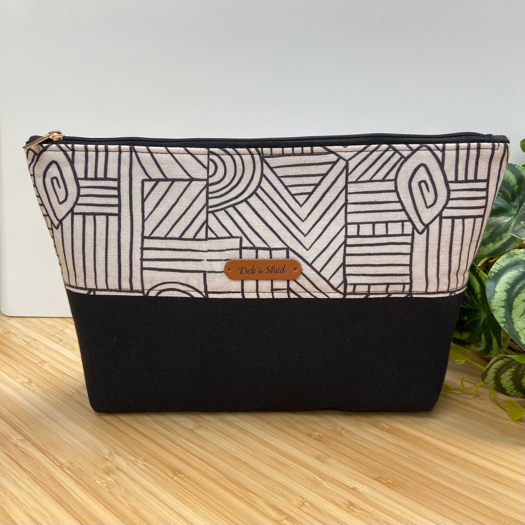 Zipper Pouch in Classic Black & Beige Geometric Print
