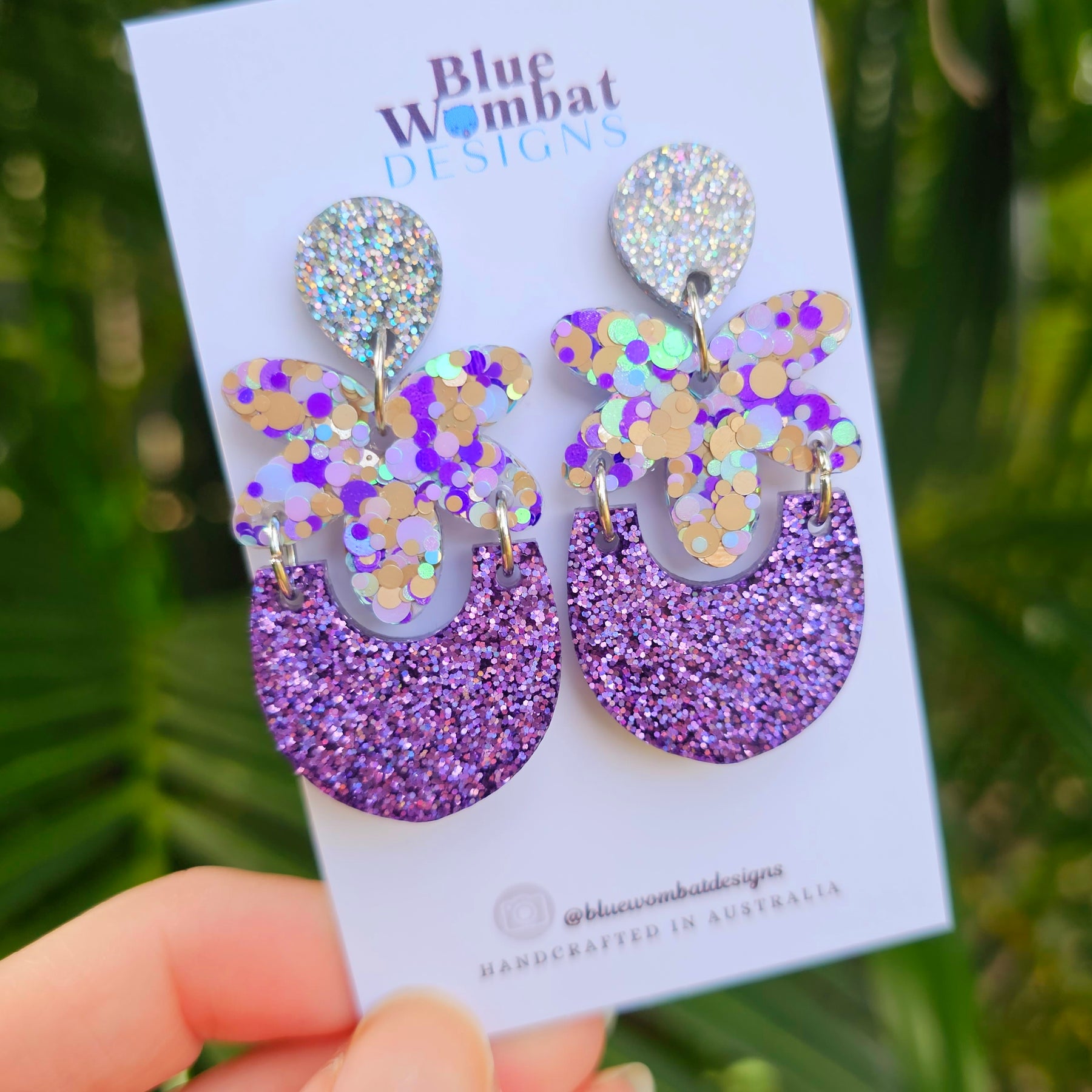 Handmade Purple Glitter Resin Statement Dangle Earrings