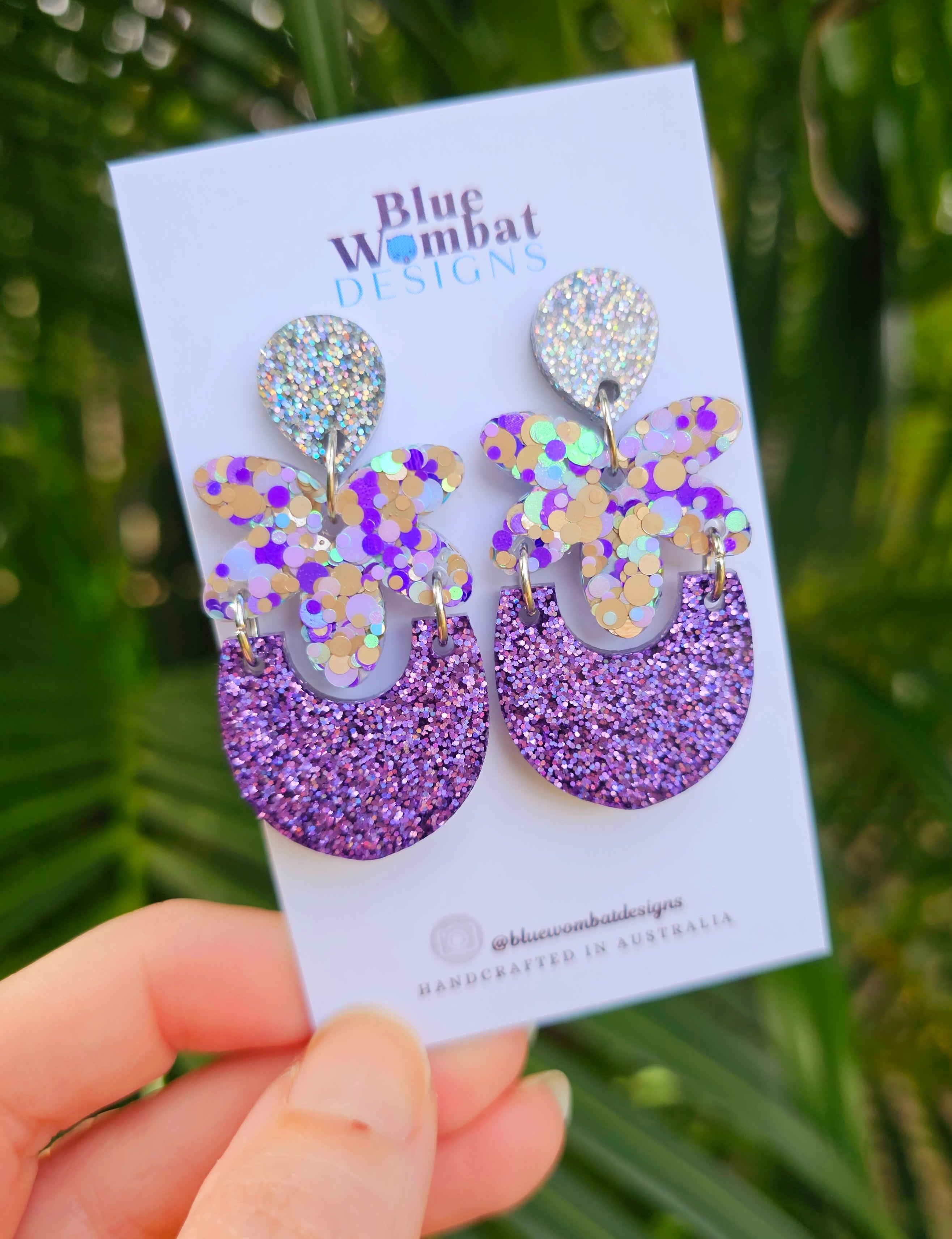 Handmade Purple Glitter Resin Statement Dangle Earrings