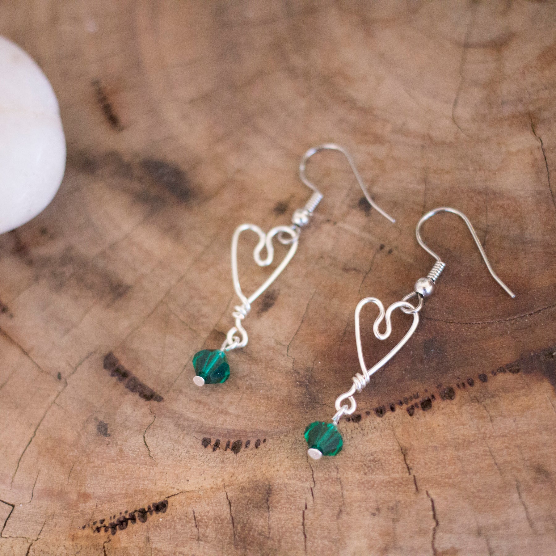 Silver Heart Earrings with Dark Green Glass Crystals