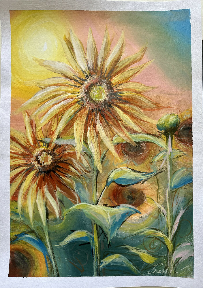 Sunshine blooms, acrylic painting on canvas paper, framed 40x50cm, signed