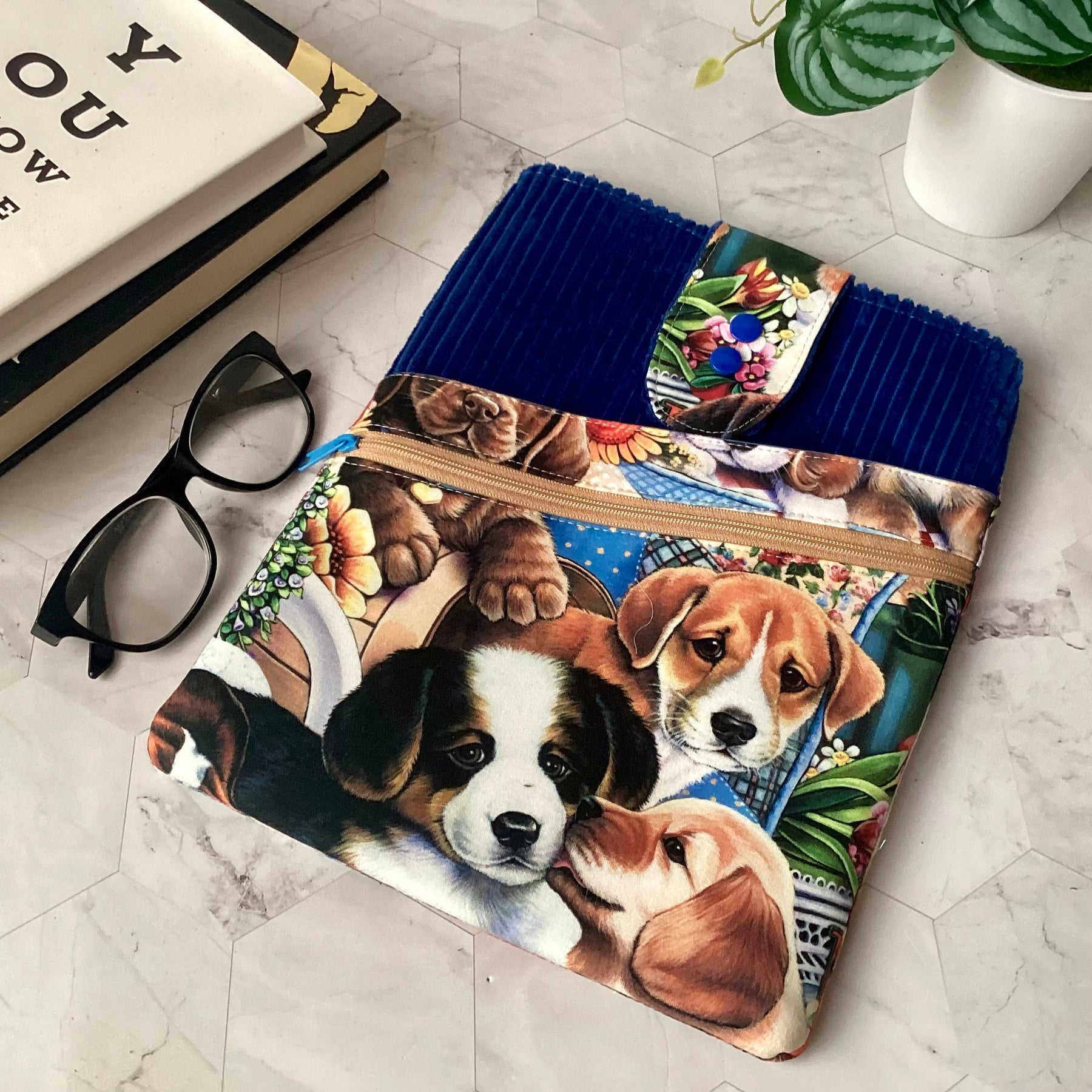 Puppy dogs fabric book sleeve with 2 pockets. iPad, tablet pouch
