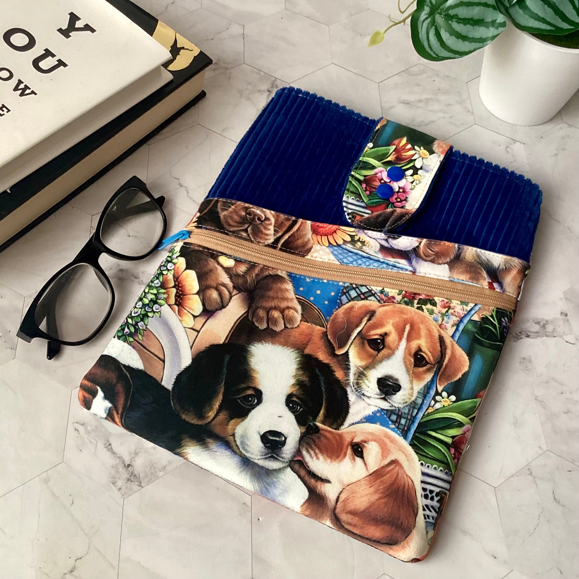 Puppy dogs fabric book sleeve with 2 pockets. iPad, tablet pouch