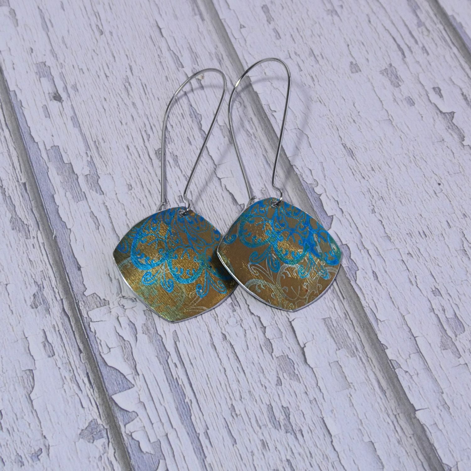 Hand printed anodised aluminium earrings - Persian Blue Collection