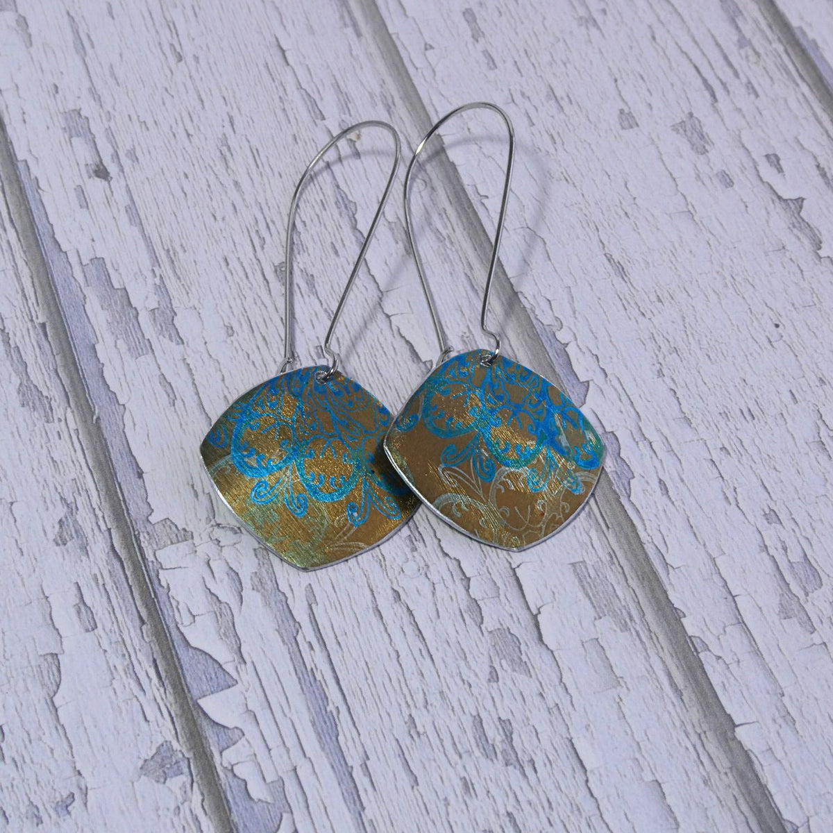 Hand printed anodised aluminium earrings - Persian Blue Collection