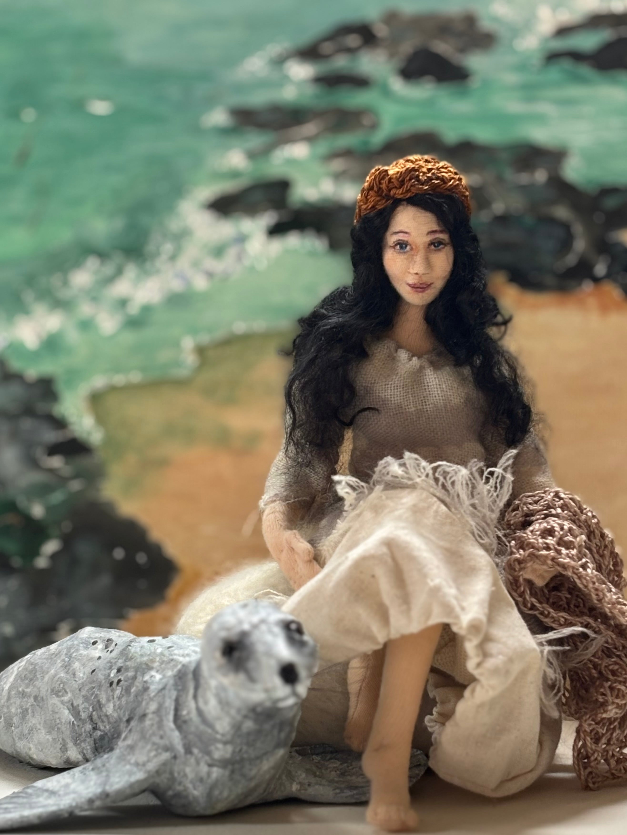 Selkie, mixed media doll, needle felt seal, unique gift