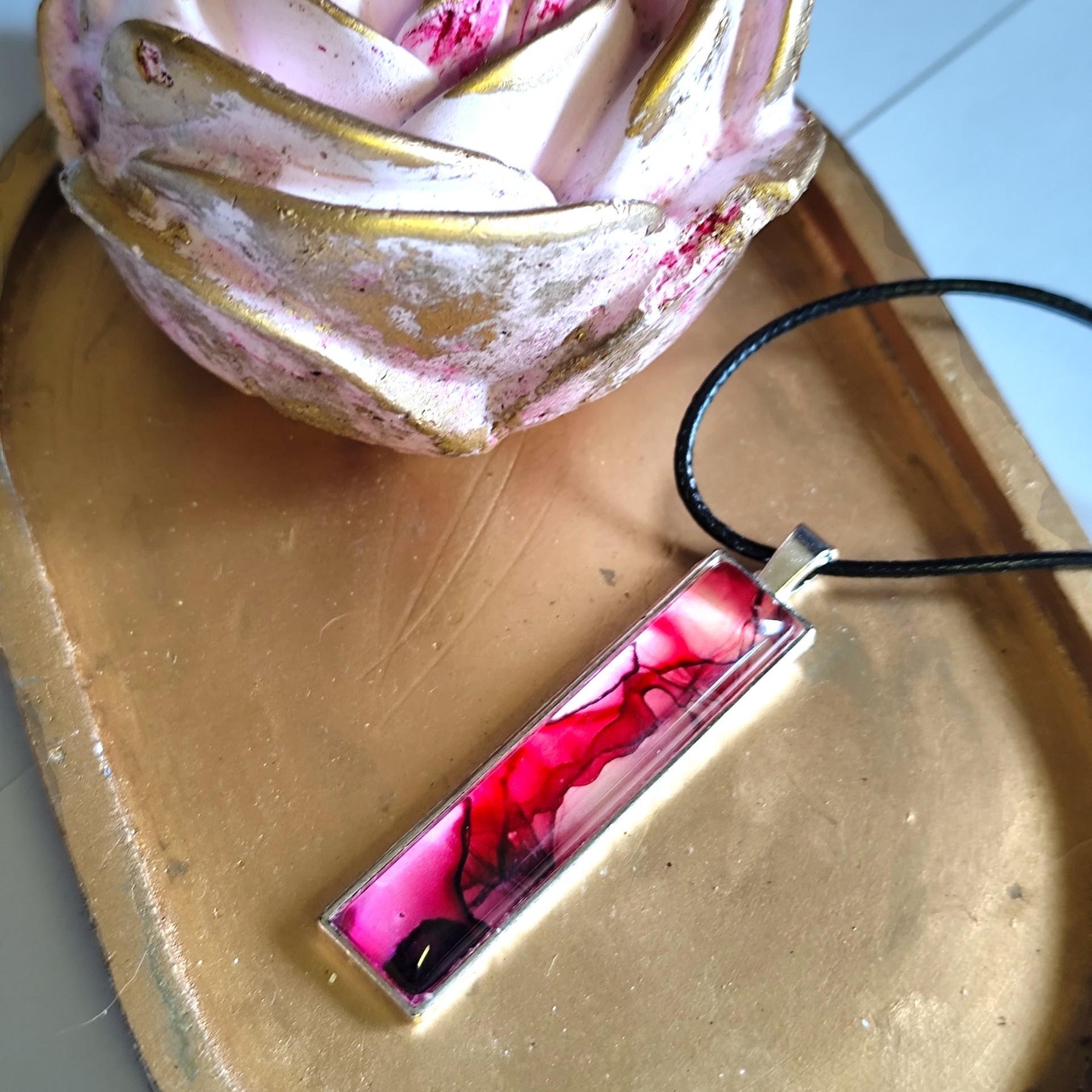 Red Alcohol Ink Pendant Necklace, Wearable Original Painting