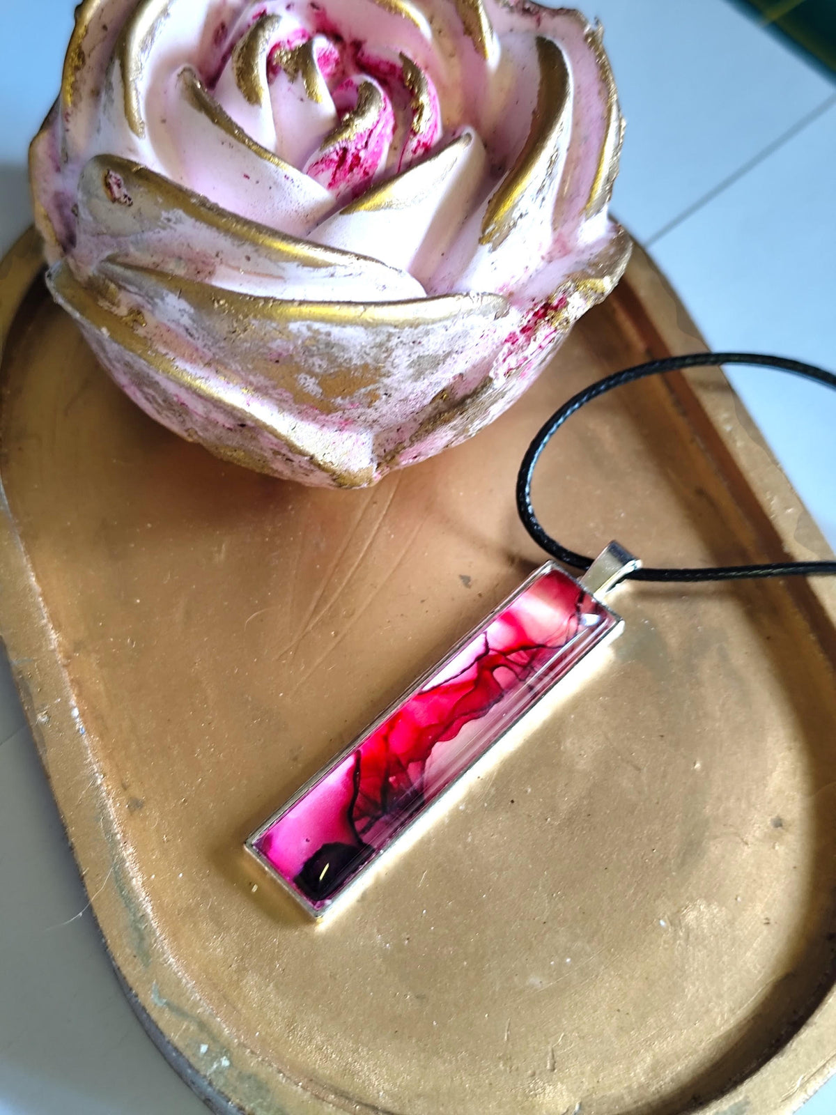 Red Alcohol Ink Pendant Necklace, Wearable Original Painting