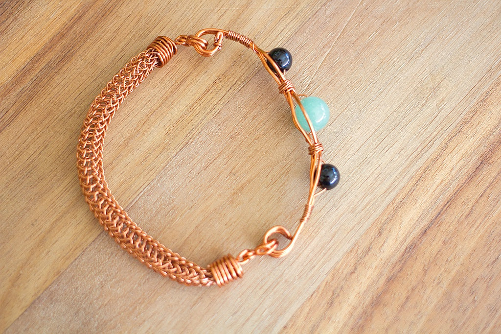 Copper Viking Wire Knitted Gemstone Bracelet  | Aventurine and Onyx Jewellery