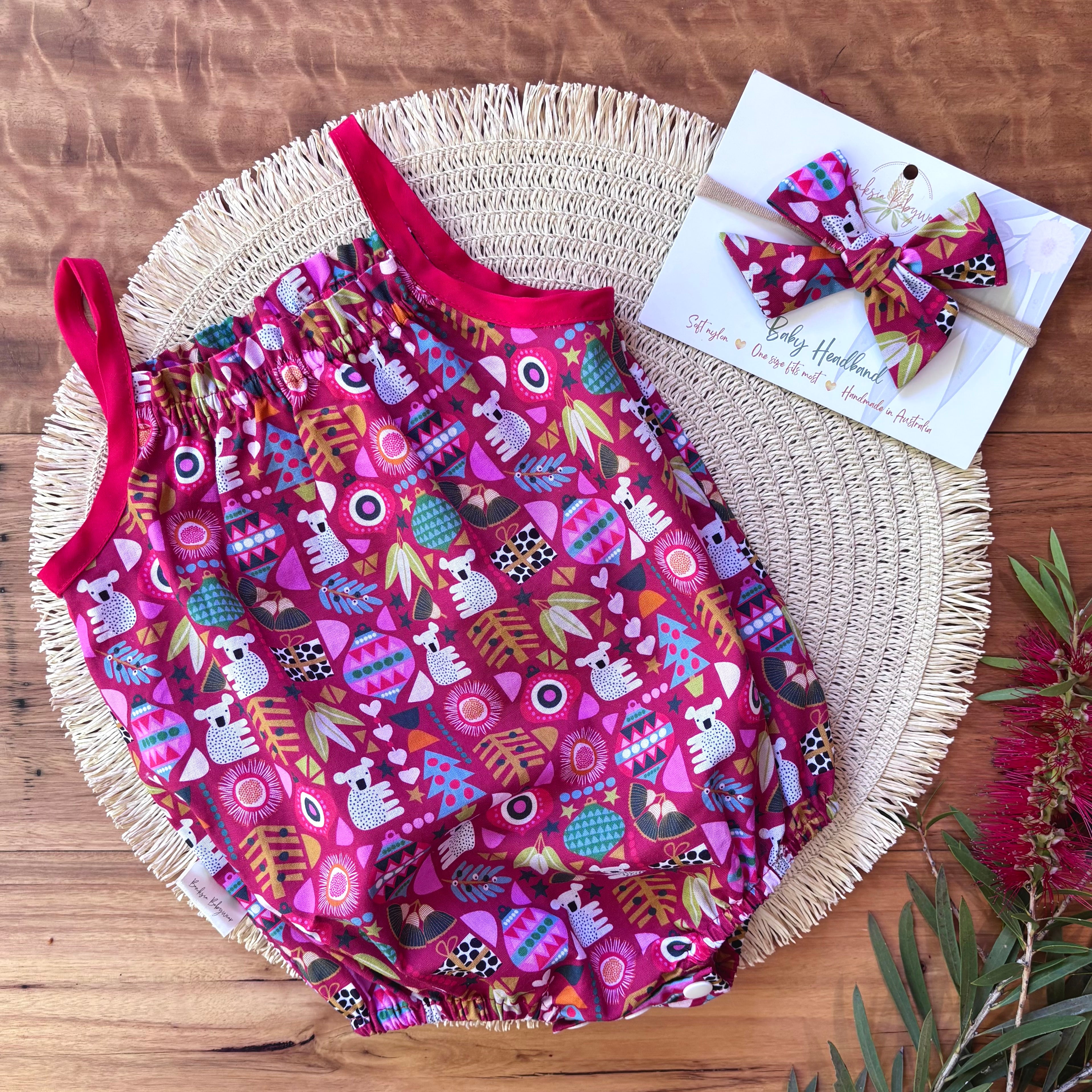 Christmas Baby Girl Romper and Headband Set - Red Koalas